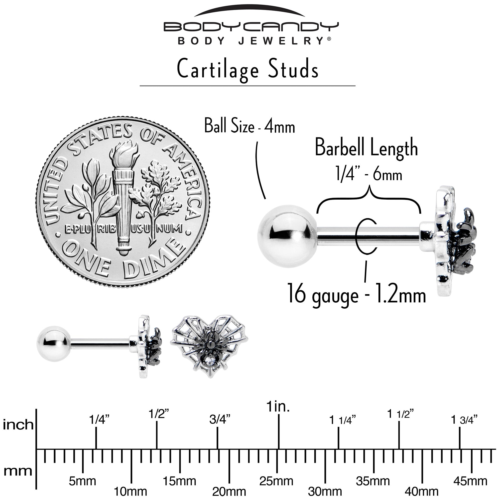 16 Gauge 1/4 Clear CZ Gem Heart of Spider Cartilage Tragus Earring