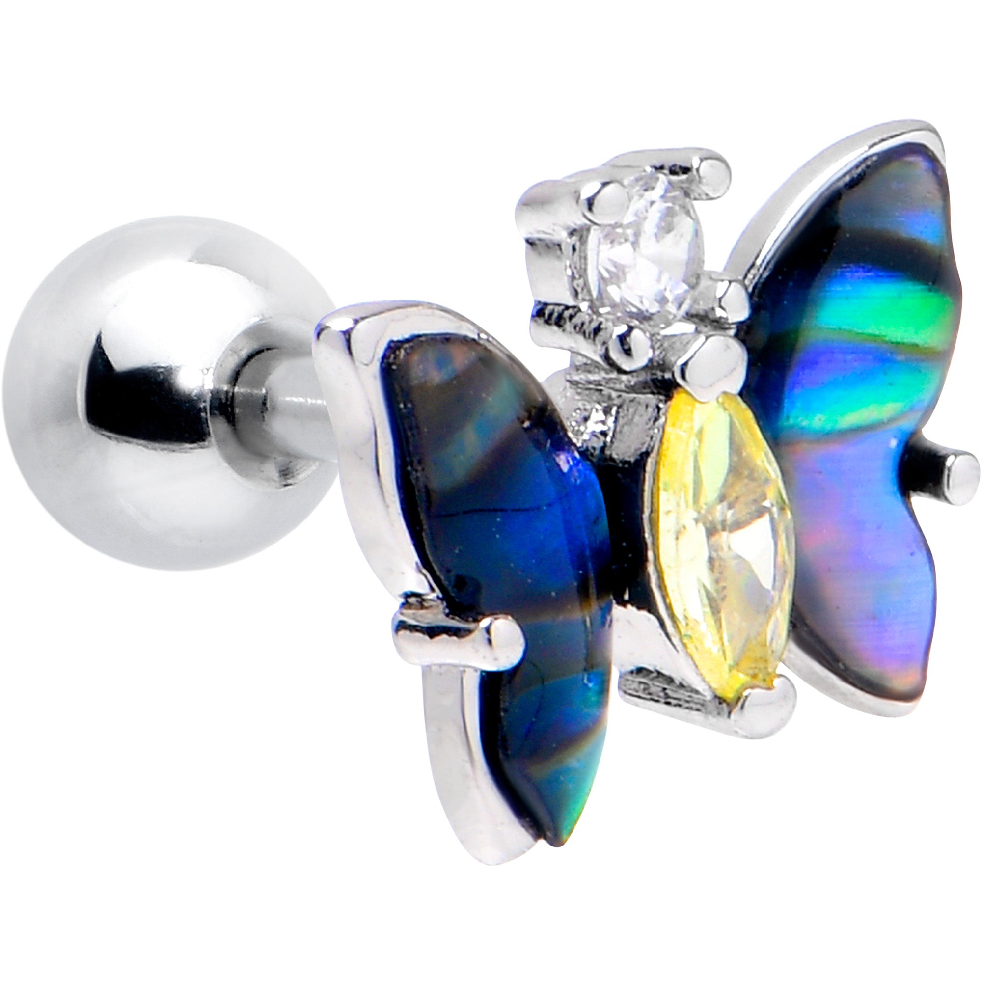 16 Gauge 1/4 Clear Yellow Gem Dark Butterfly Cartilage Tragus Earring