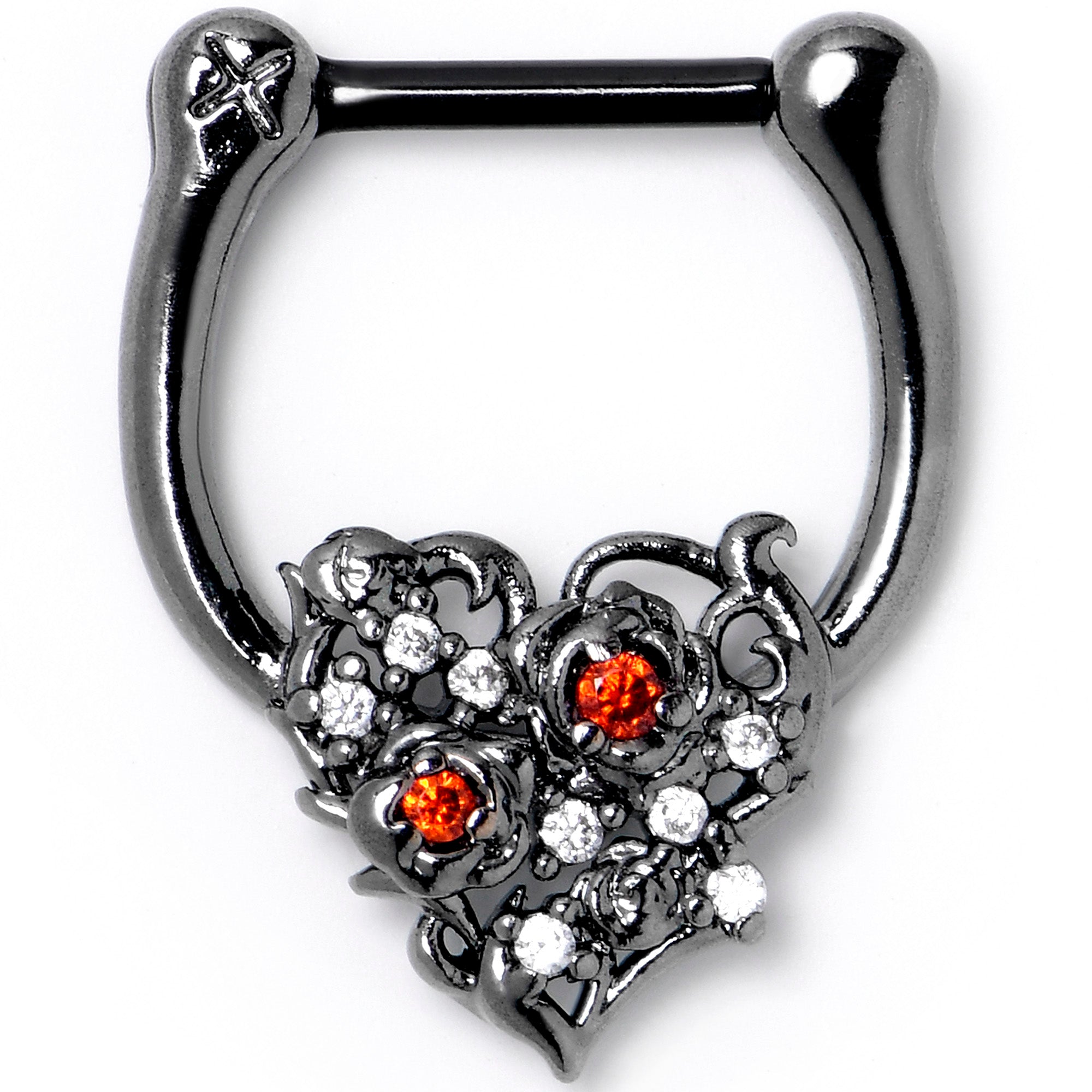 16 Gauge 5/16 Red Clear CZ Black Floral Heart Cartilage Clicker