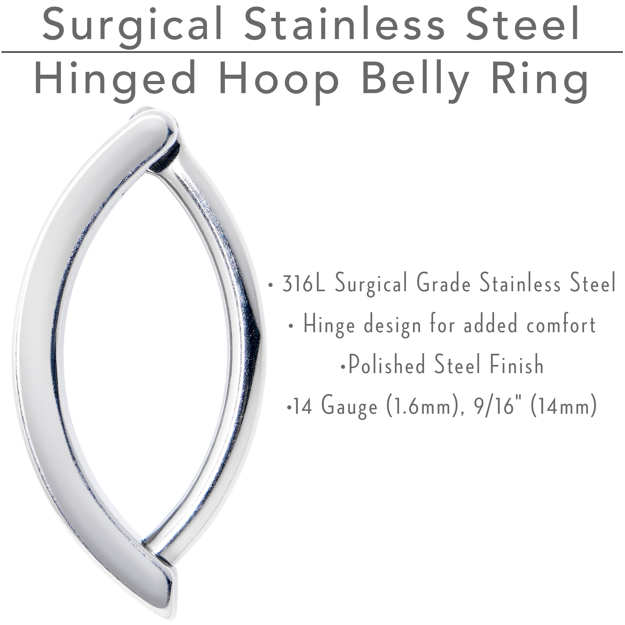 14 Gauge 9/16 316L Surgical Steel Smooth Style Hinged Hoop Belly Ring