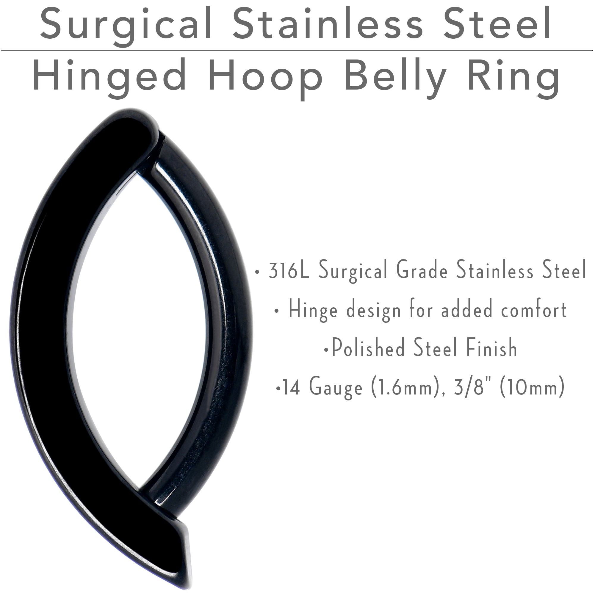 14 Gauge 3/8 Black 316L Surgical Steel Smooth Style Hinged Hoop Belly Ring