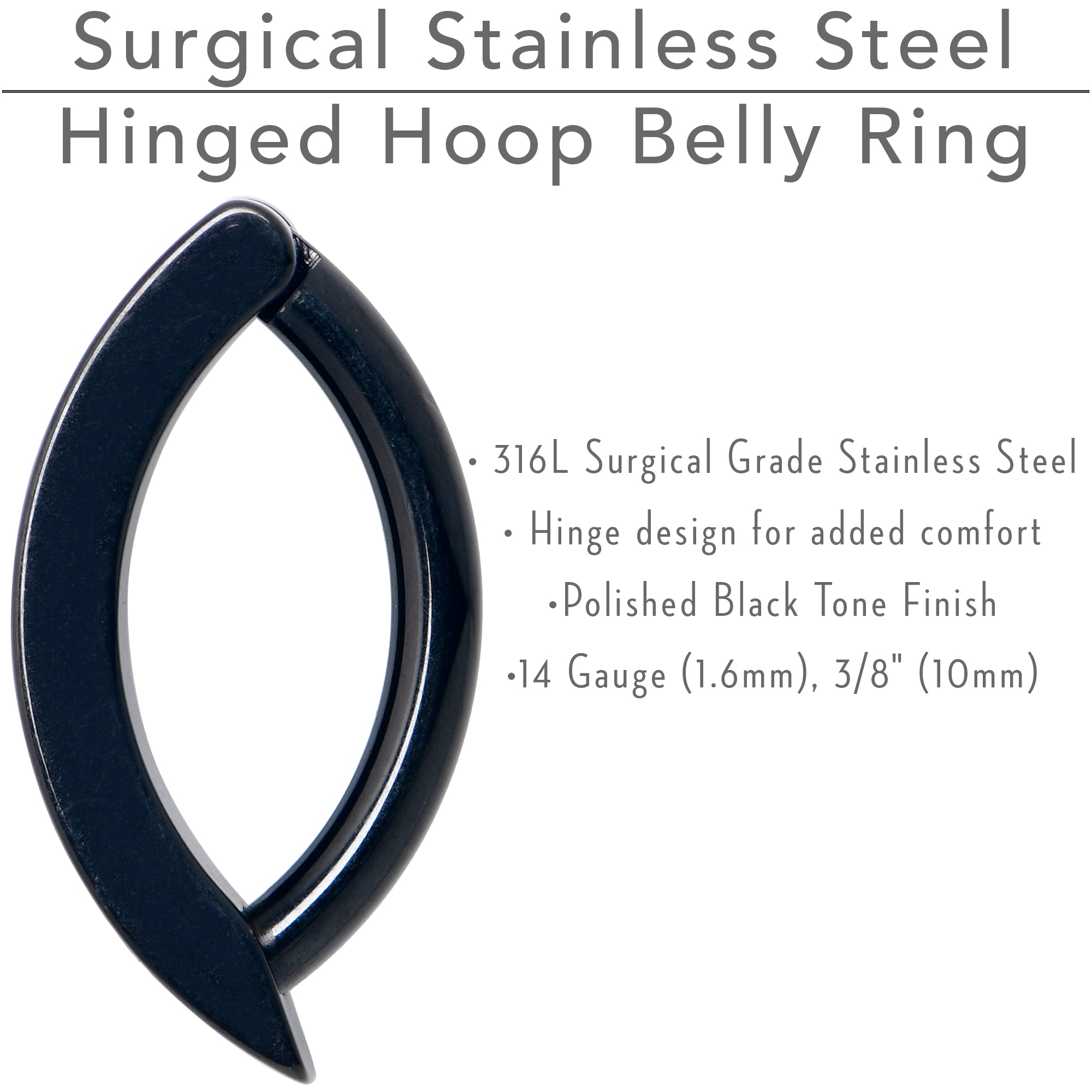 14 Gauge 3/8  Black Implant Grade Titanium CZ Paved Hinged Hoop Belly Ring