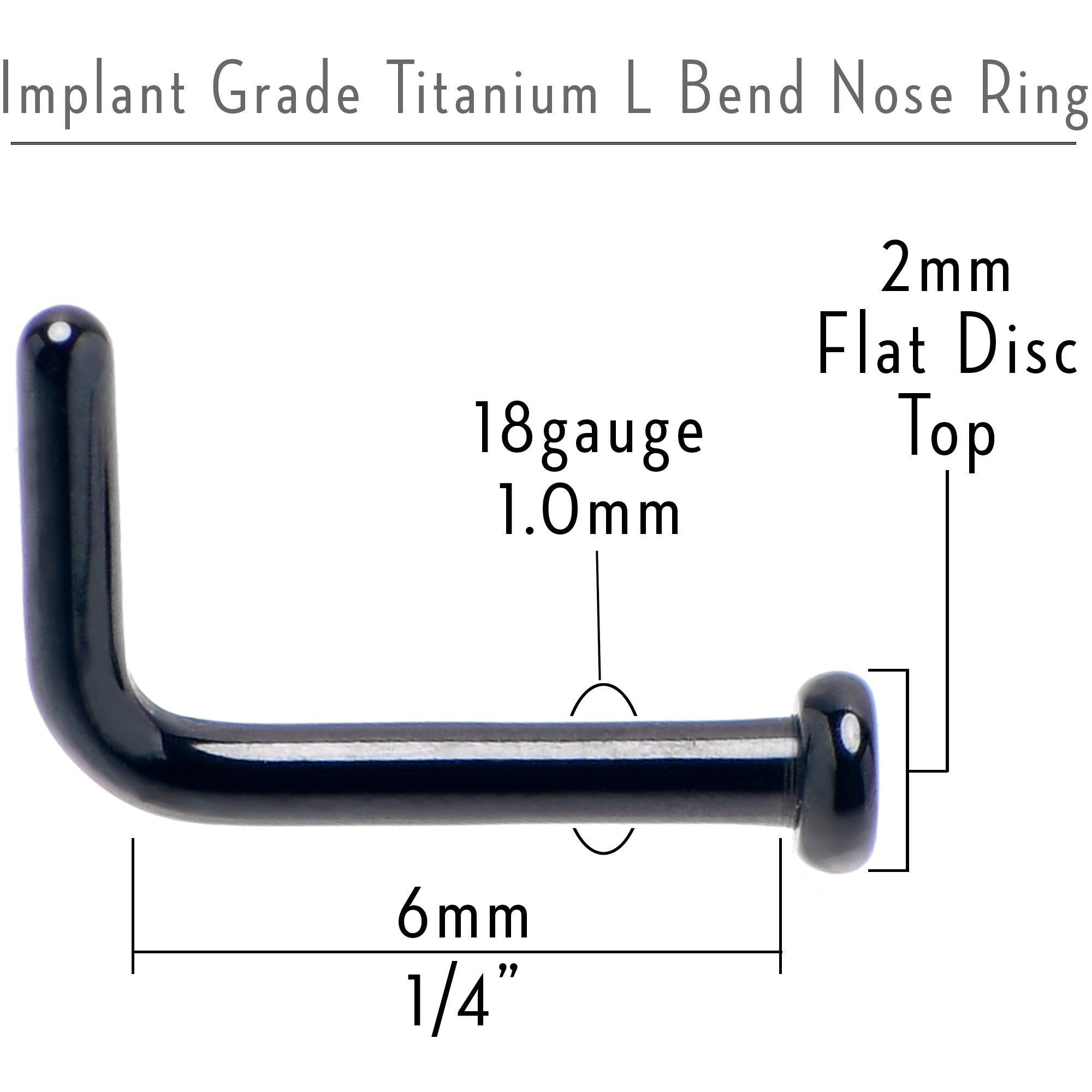 18 Gauge 1/4 Black ASTM F-136 Implant Grade Titanium 2mm Disc End L Shape Nose Ring