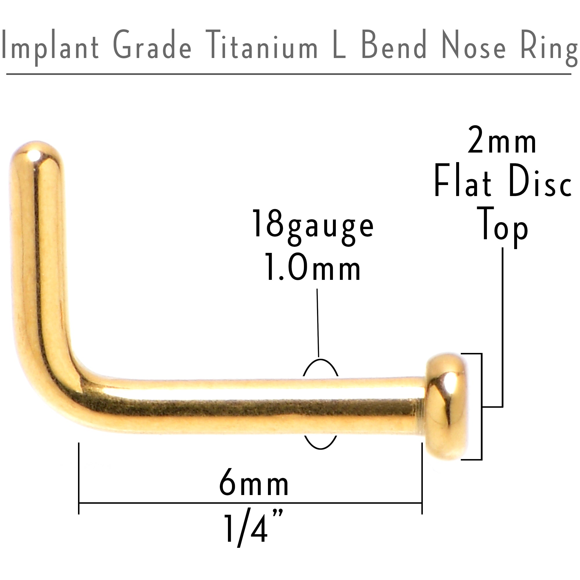 18 Gauge 1/4 Gold Tone ASTM F-136 Implant Grade Titanium 2mm Disc L Shape Nose Ring