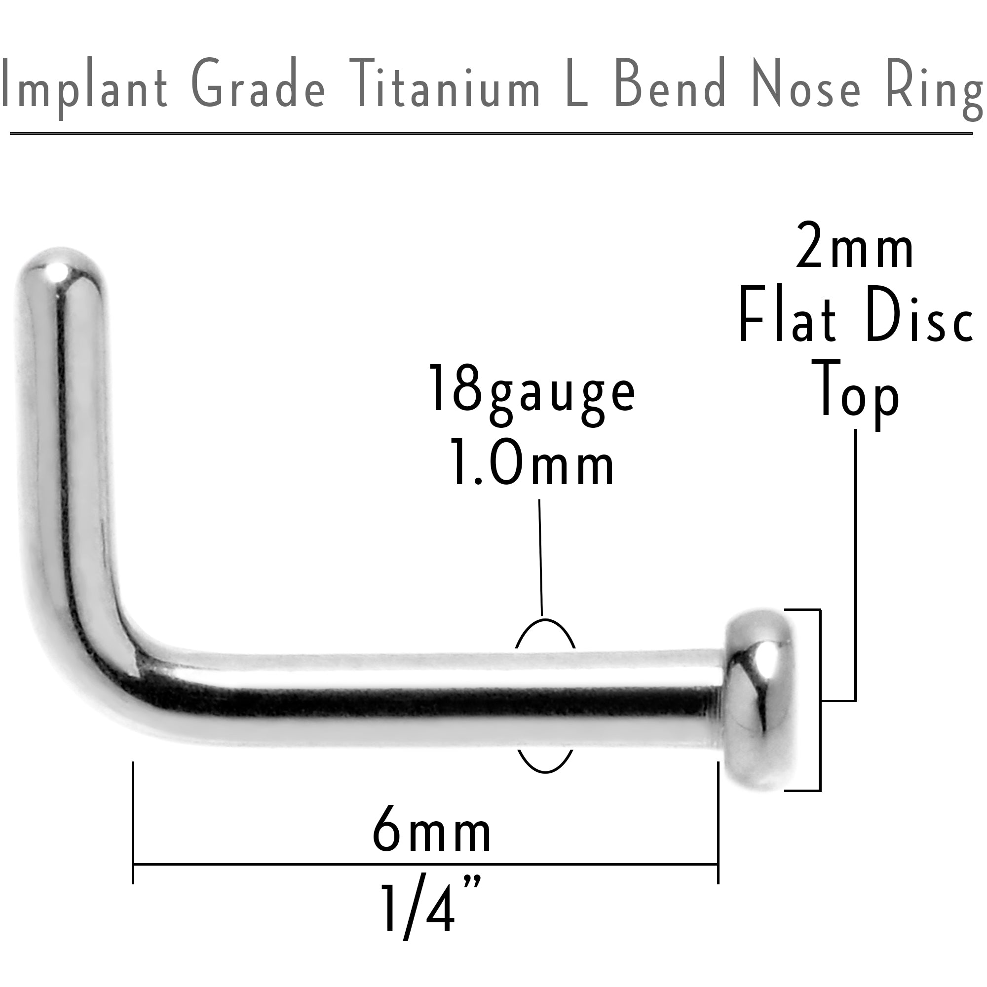 18 Gauge 1/4 ASTM F-136 Implant Grade Titanium 2mm Disc End L Shape Nose Ring