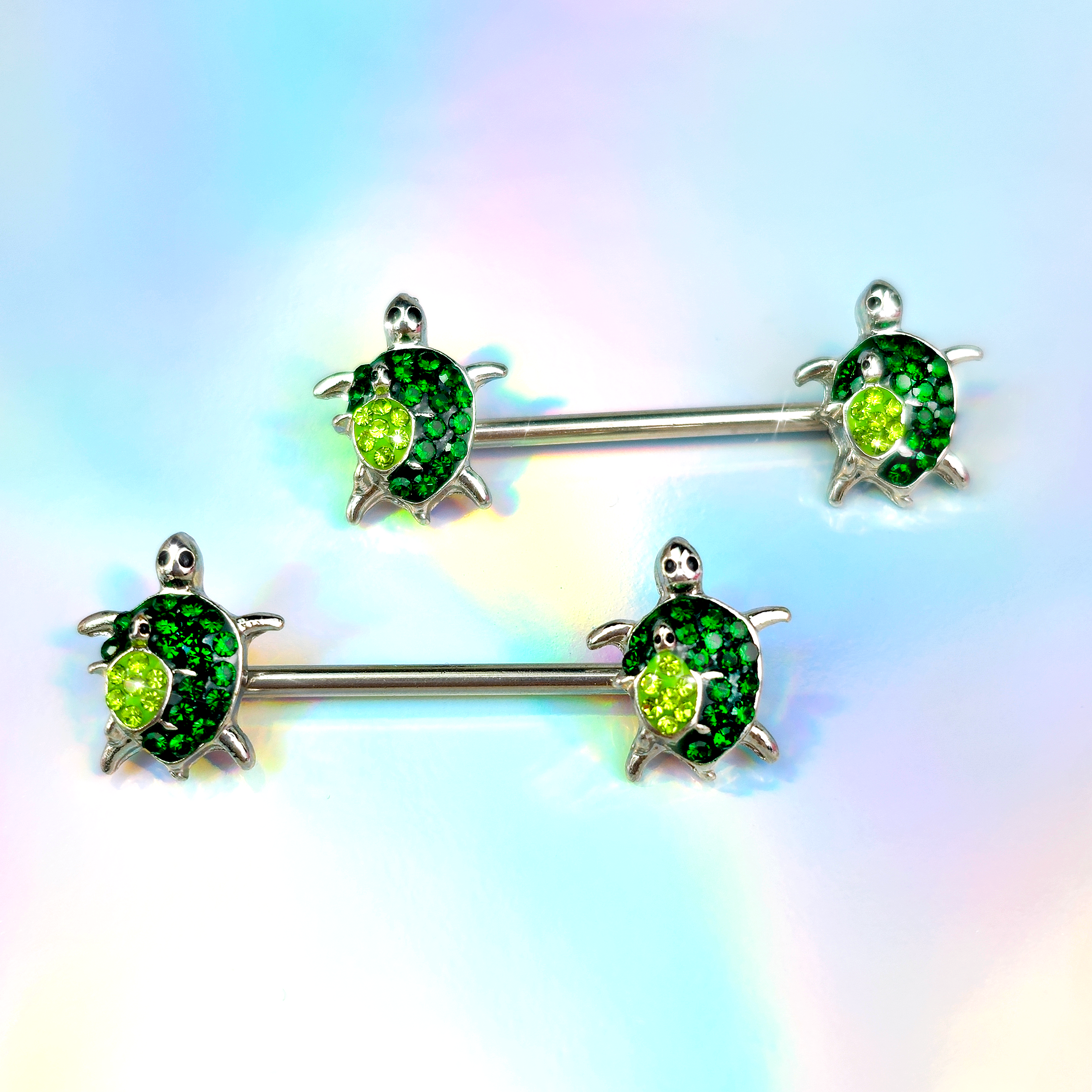 14 Gauge 9/16 Green Gem Turtle World Barbell Nipple Ring Set