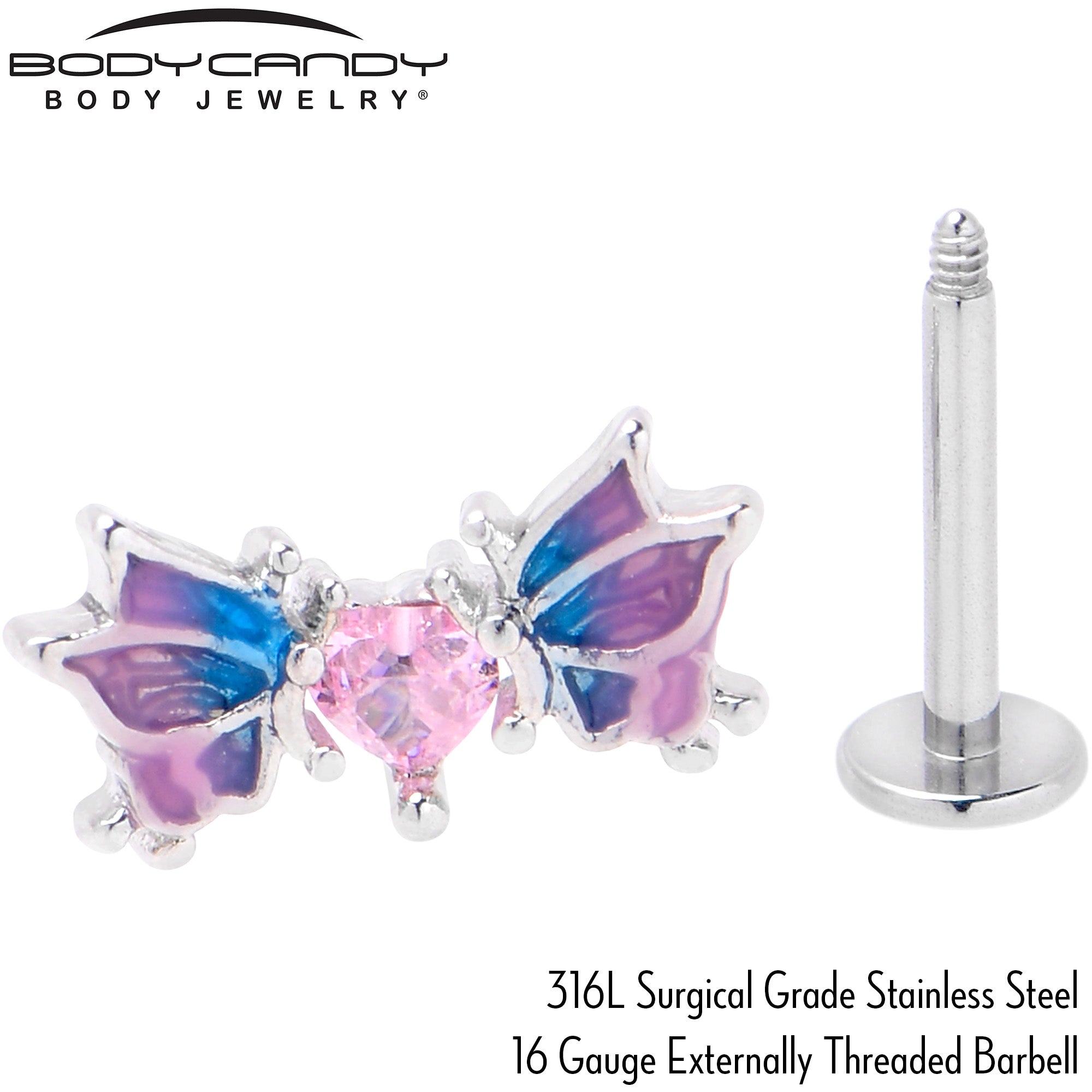 16 Gauge 5/16 Pink CZ Gem Heart Butterfly Labret Monroe Tragus