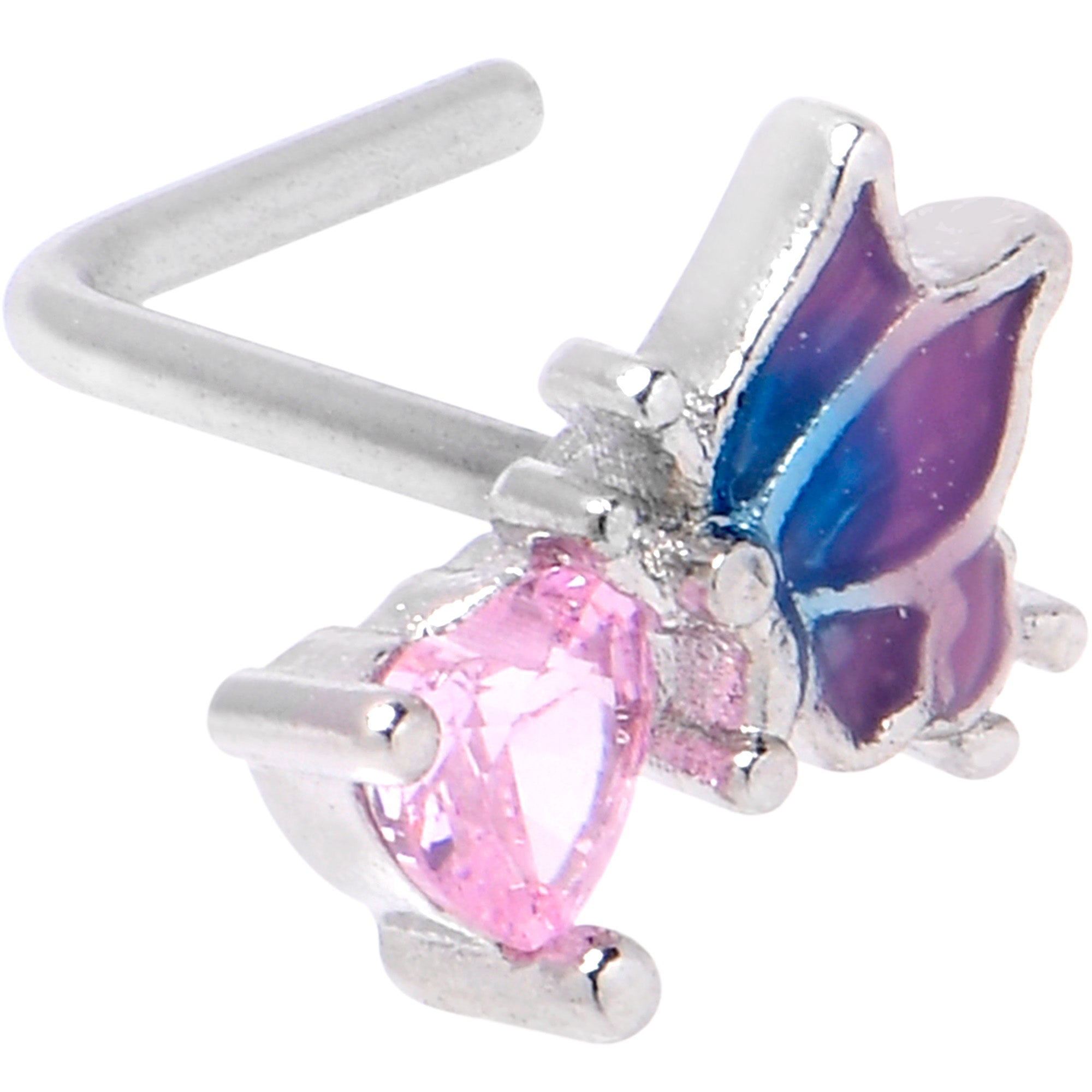 20 Gauge 1/4 Pink CZ Gem Heart Butterfly L Shape Nose Ring