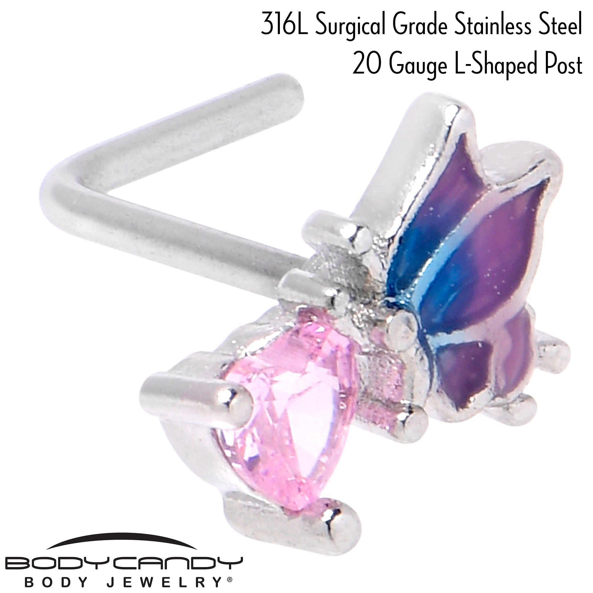 20 Gauge 1/4 Pink CZ Gem Heart Butterfly L Shape Nose Ring