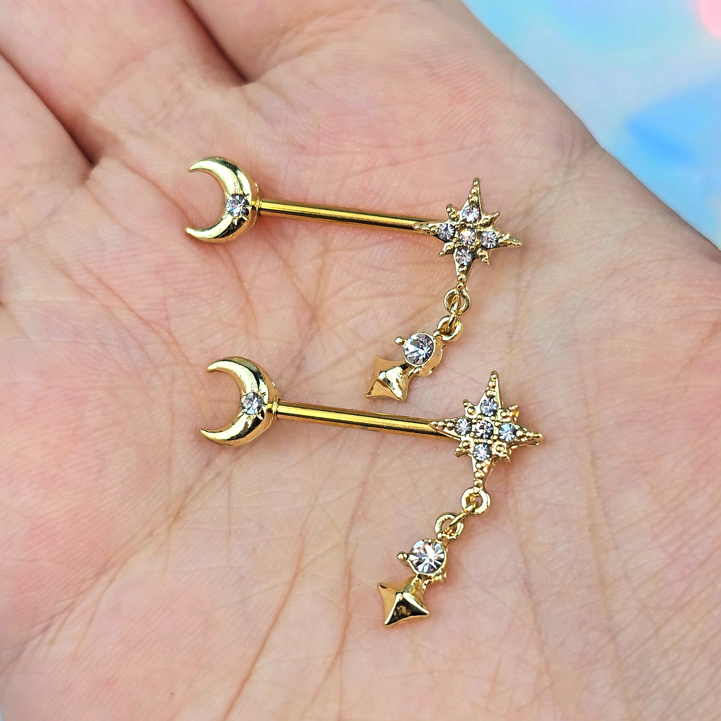 14 Gauge 9/16 Clear Gem Gold Tone Celestial Glam Dangle Nipple Ring Set