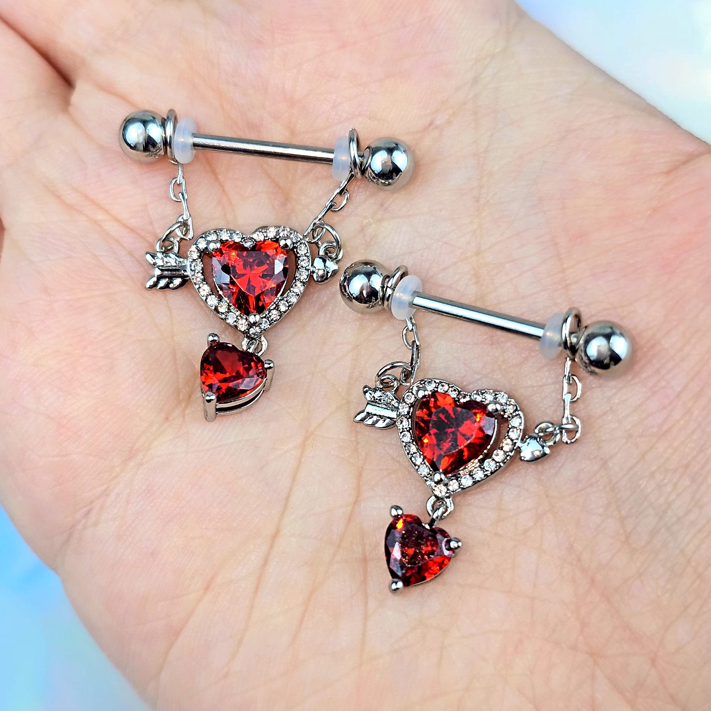 14 Gauge 9/16 Red Gem Fusion of Love Arrow Heart Dangle Nipple Ring Set