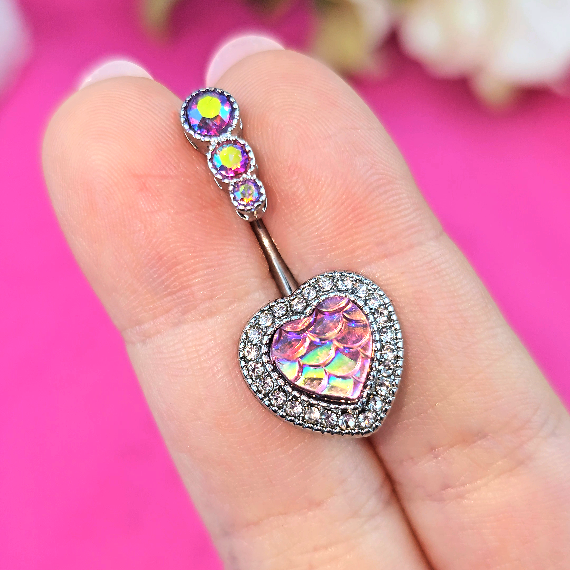 Pink Gem Mermaid Scale Heart Double Mount Belly Ring