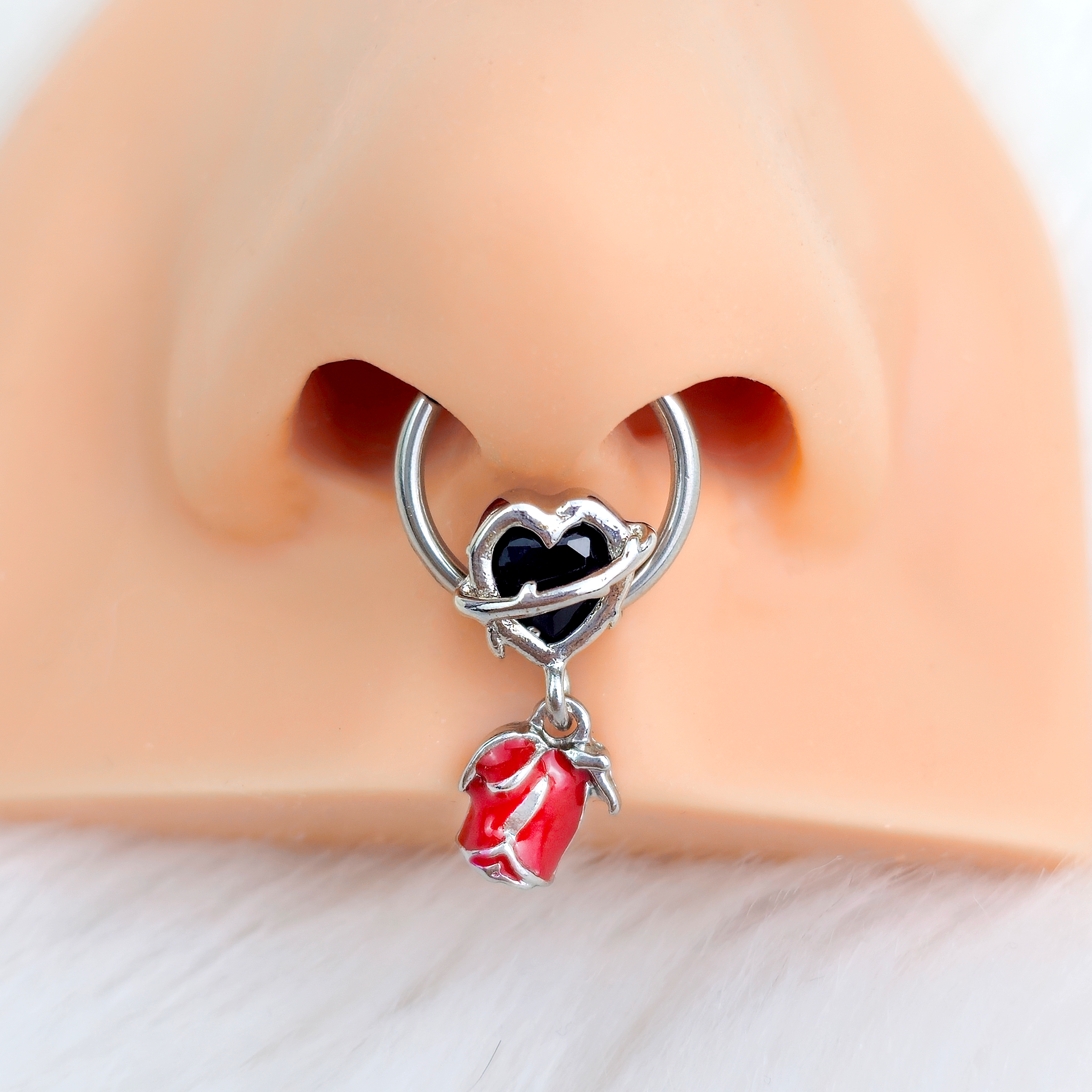 16 Gauge 3/8 Barbed Heart Dangle Hinged Segment Ring