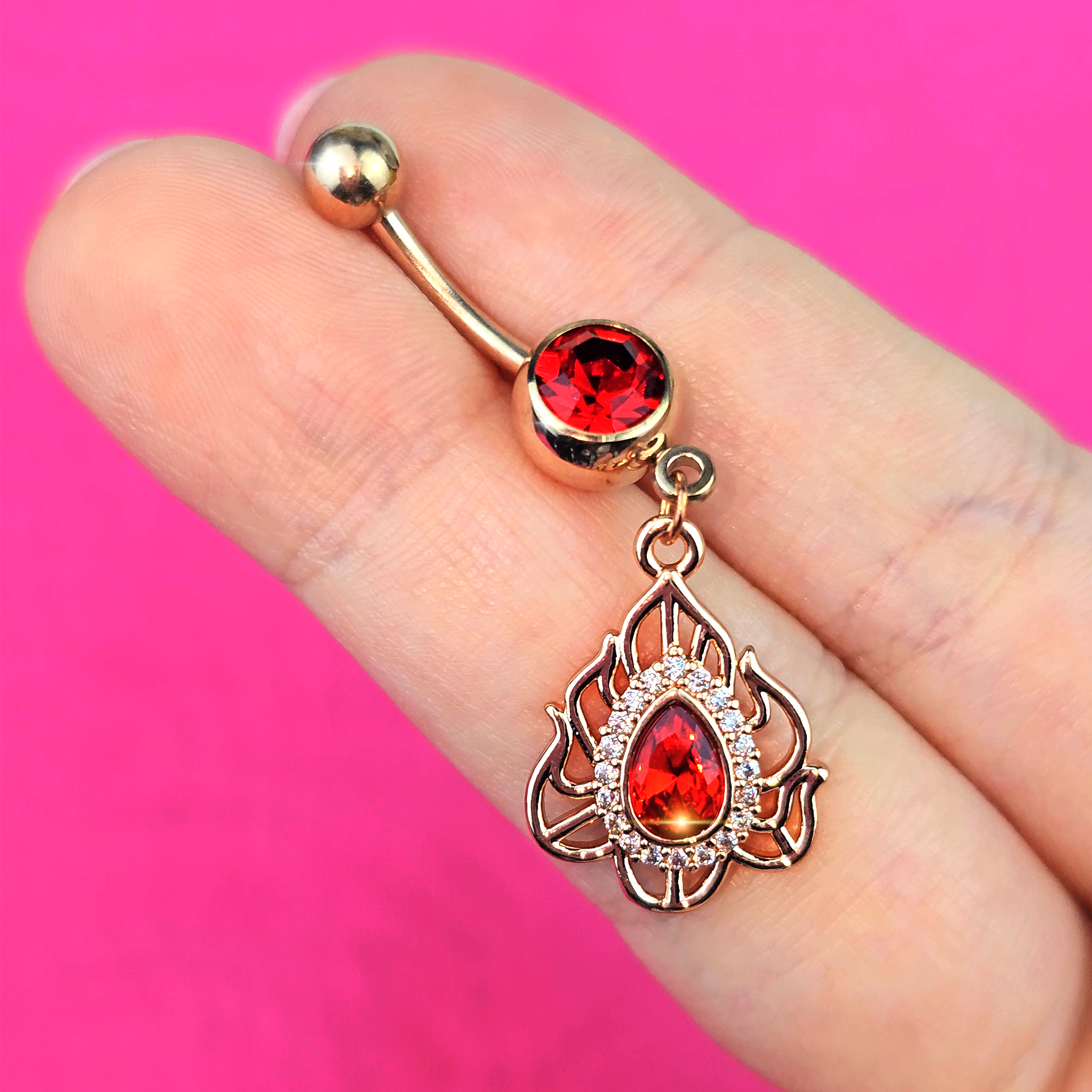 Red Gem Gold Tone Fire Flame Dangle Belly Ring