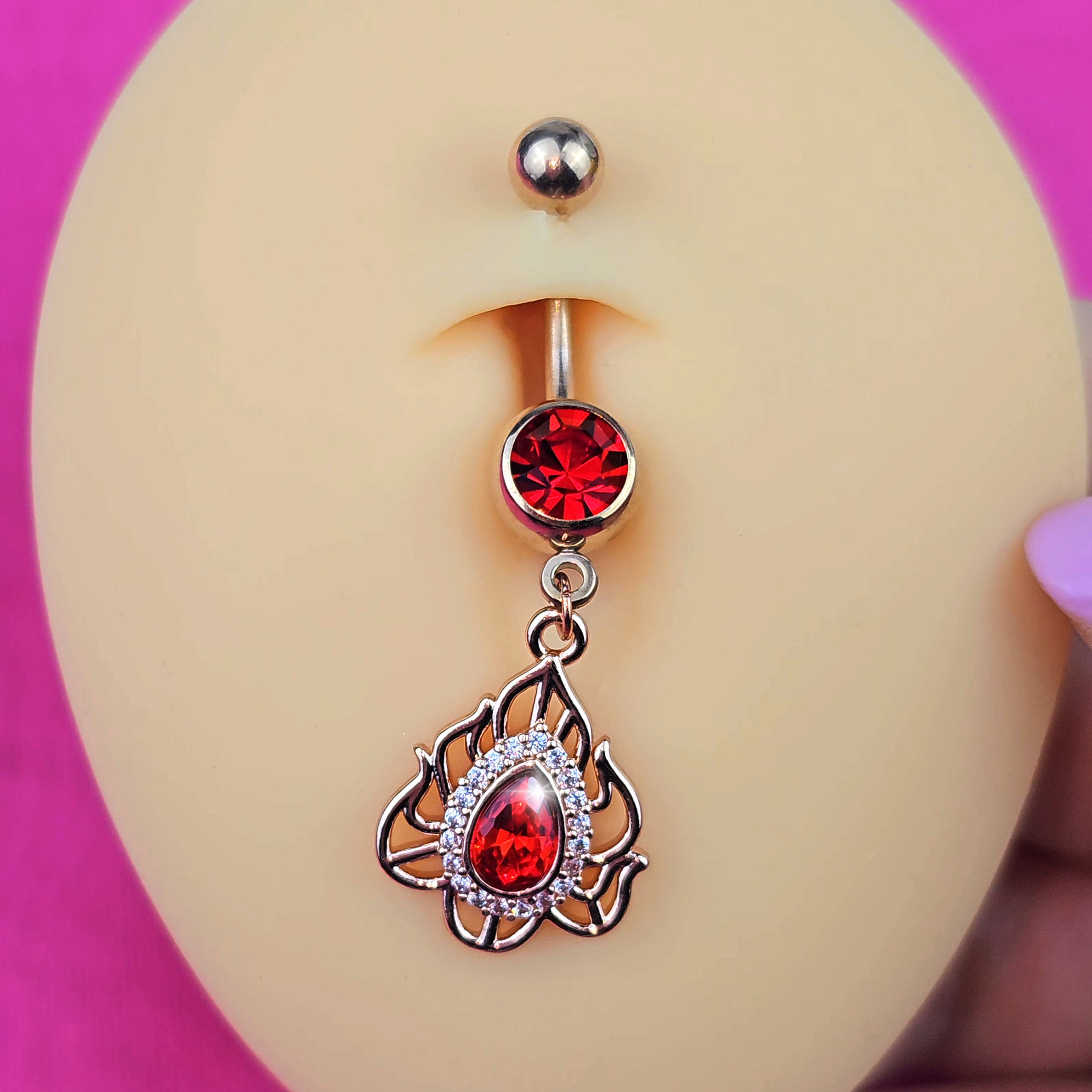 Red Gem Gold Tone Fire Flame Dangle Belly Ring