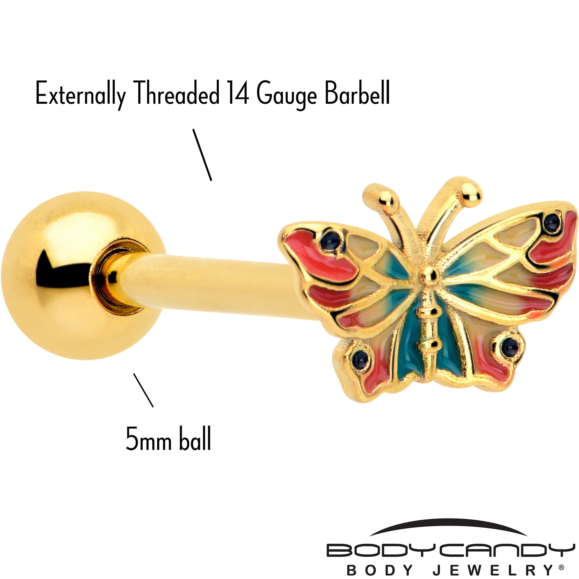 Gold tone sunrise butterfly barbell tongue ring