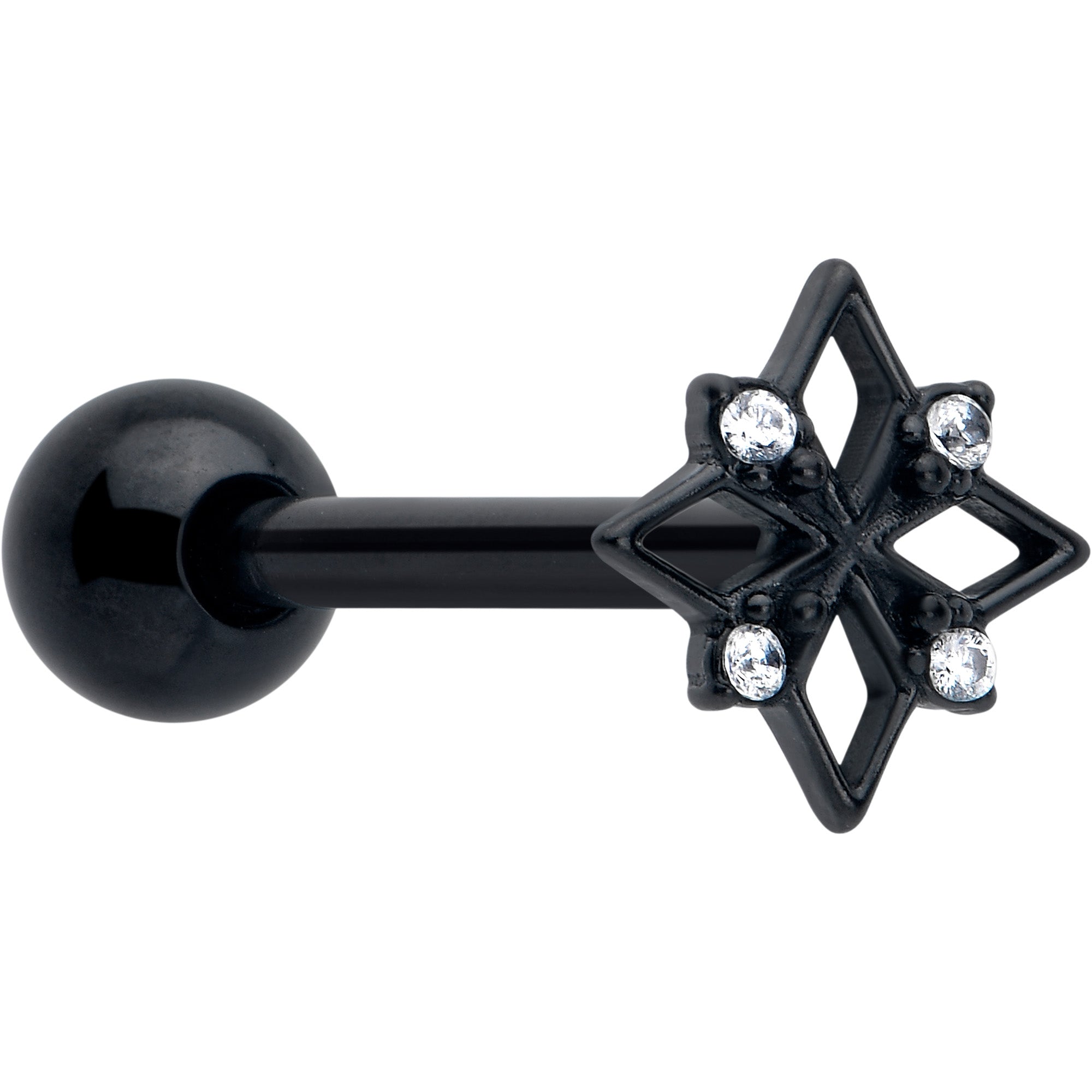 Clear CZ Gem Black Gothic Star Barbell Tongue Ring