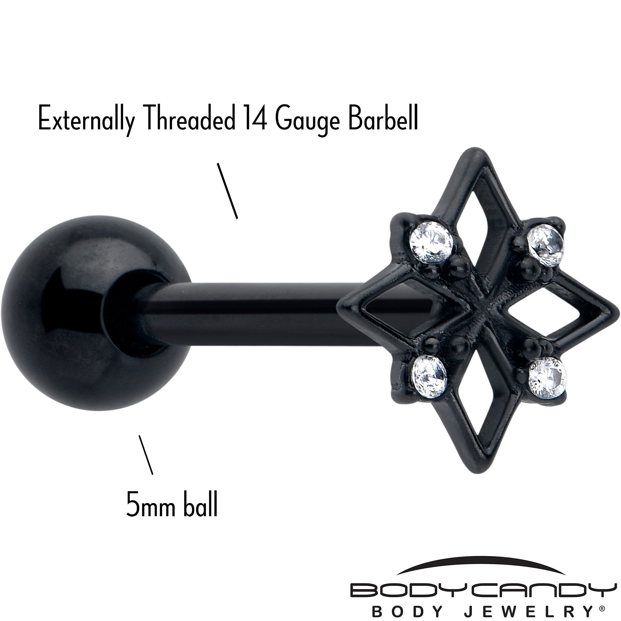 Black Gothic Star Barbell Tongue Ring with Clear CZ Gem