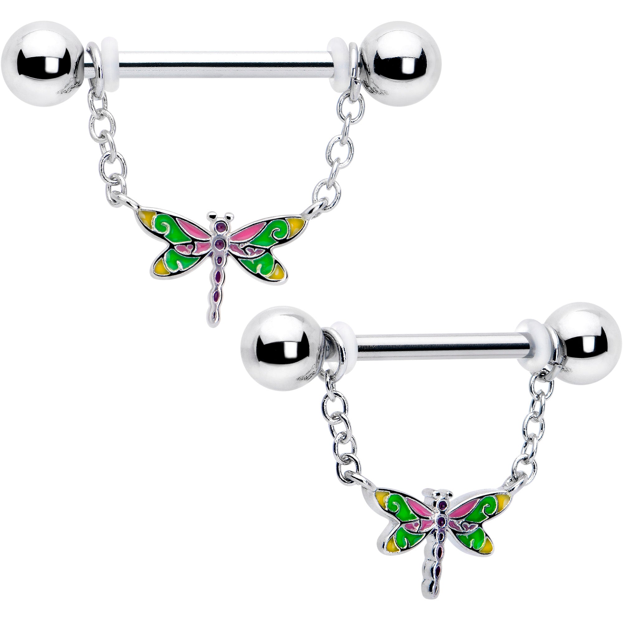 14 Gauge 9/16 Dragonfly Colors Chain Dangle Nipple Ring Set