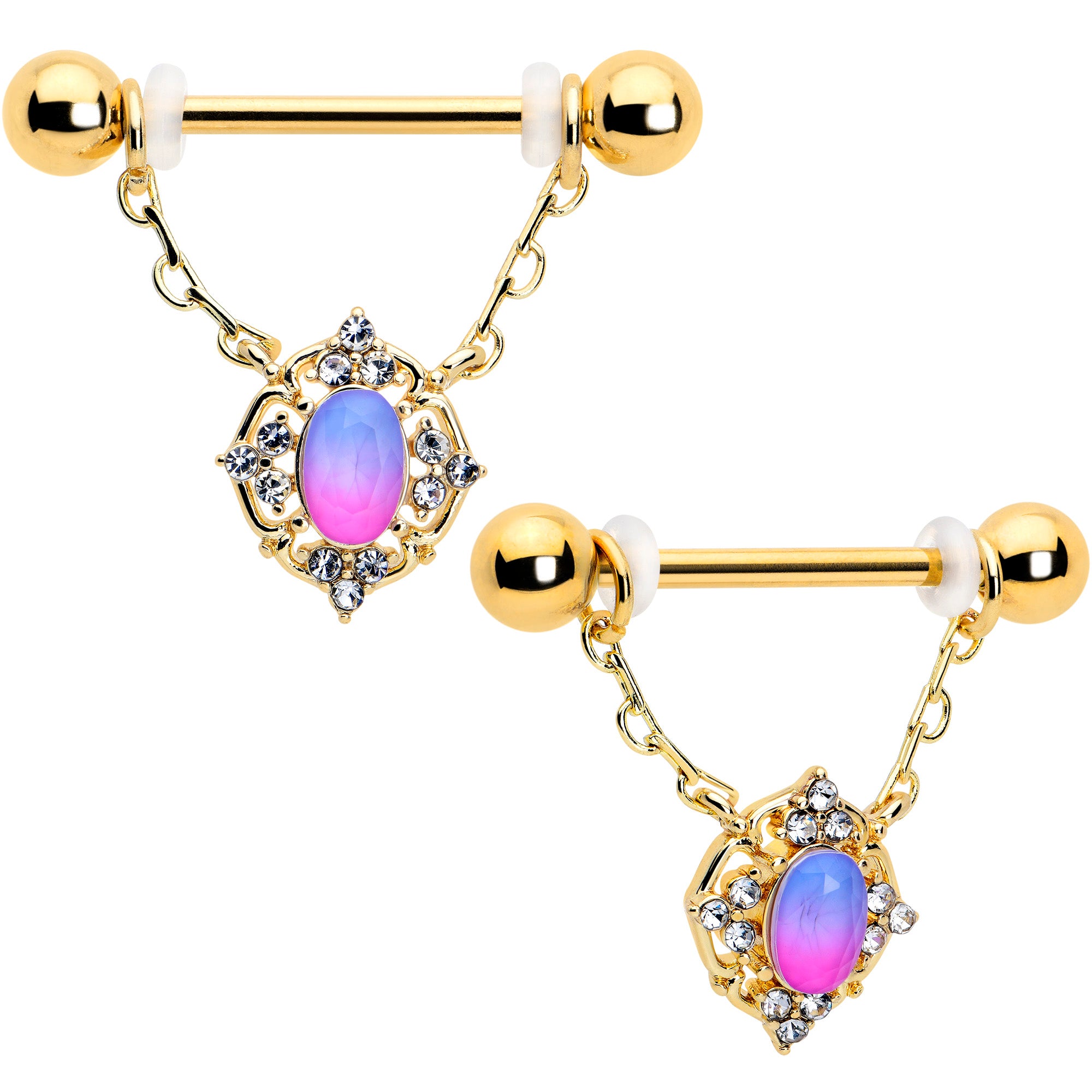 14 Gauge 9/16 Pink Tourmaline Gold Tone Wondrous Dangle Nipple Ring Set