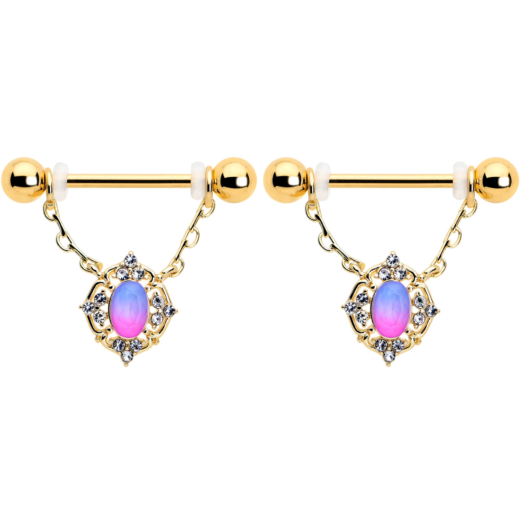 Pink tourmaline gold tone dangle nipple ring set