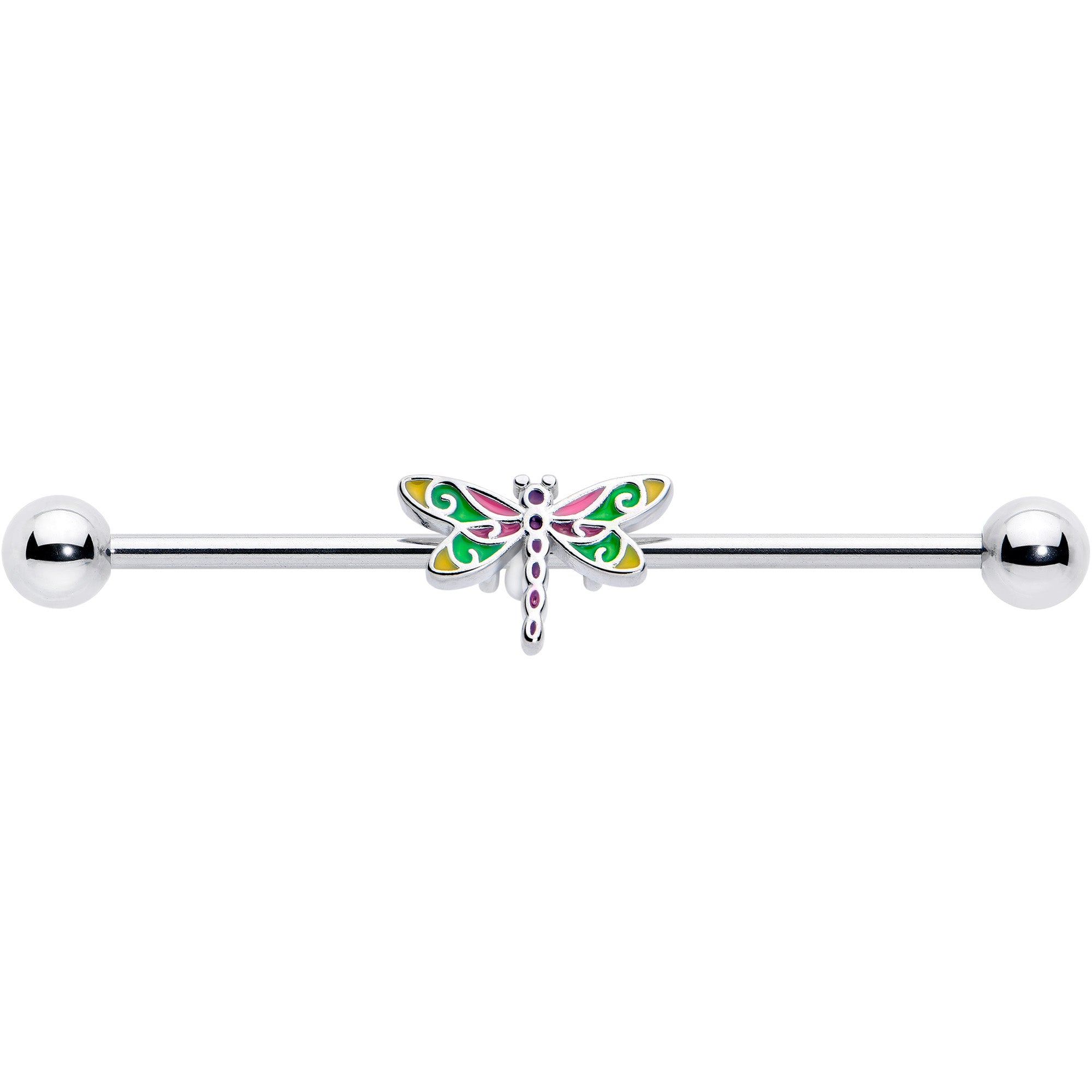 Colorful Dragonfly Design on 14 Gauge 38mm Industrial Barbell