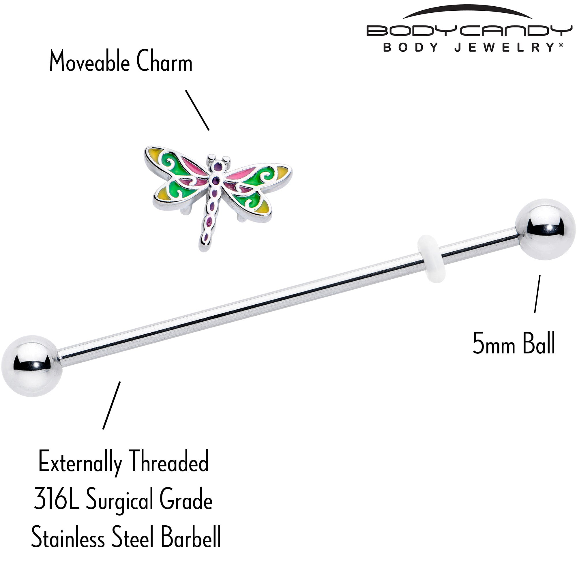 38mm Industrial Barbell with Dragonfly and Colorful Accents - 14 Gauge