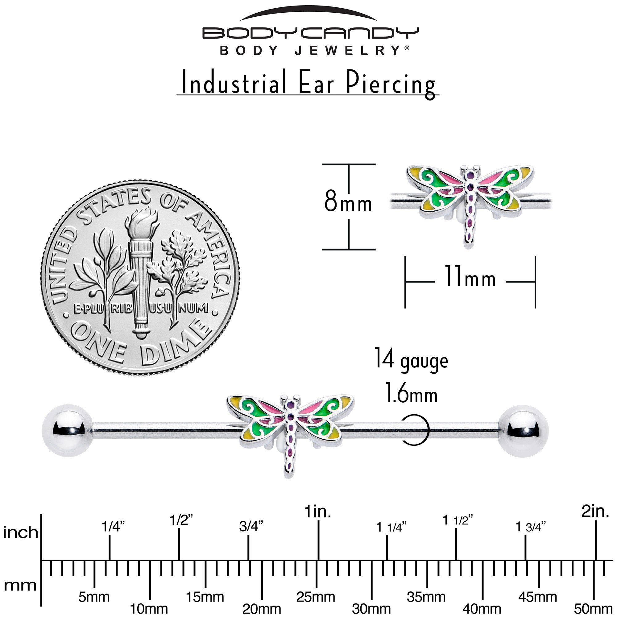 14 Gauge Industrial Barbell with Dragonfly and Multi-Color Pattern - 38mm