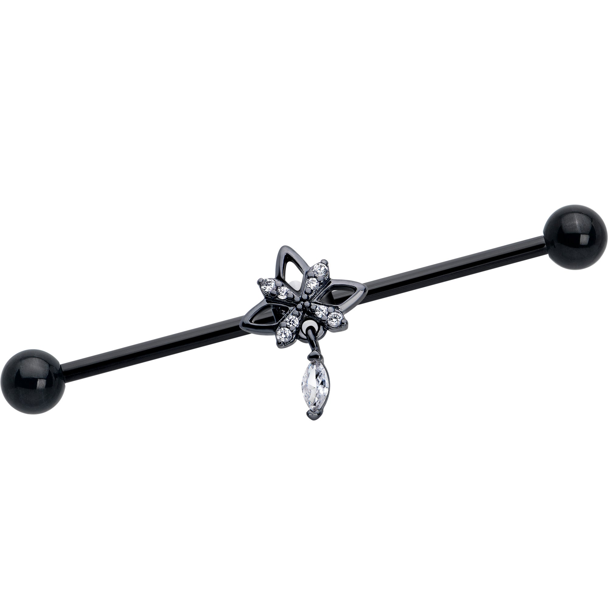 14 Gauge Clear CZ Gem Black Gothic Star Dangle Industrial Barbell 38mm