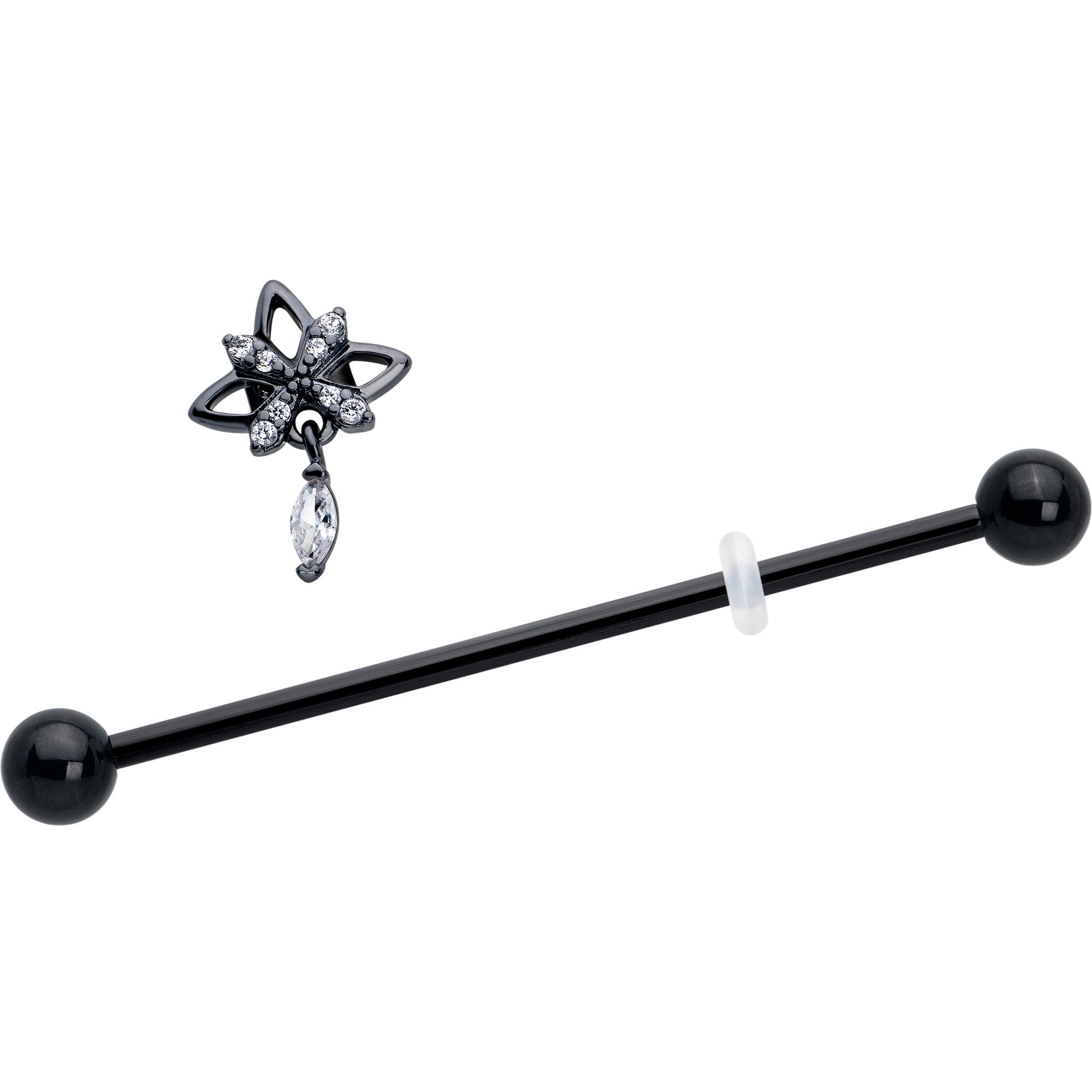 14 Gauge Clear CZ Gem Black Gothic Star Dangle Industrial Barbell 38mm