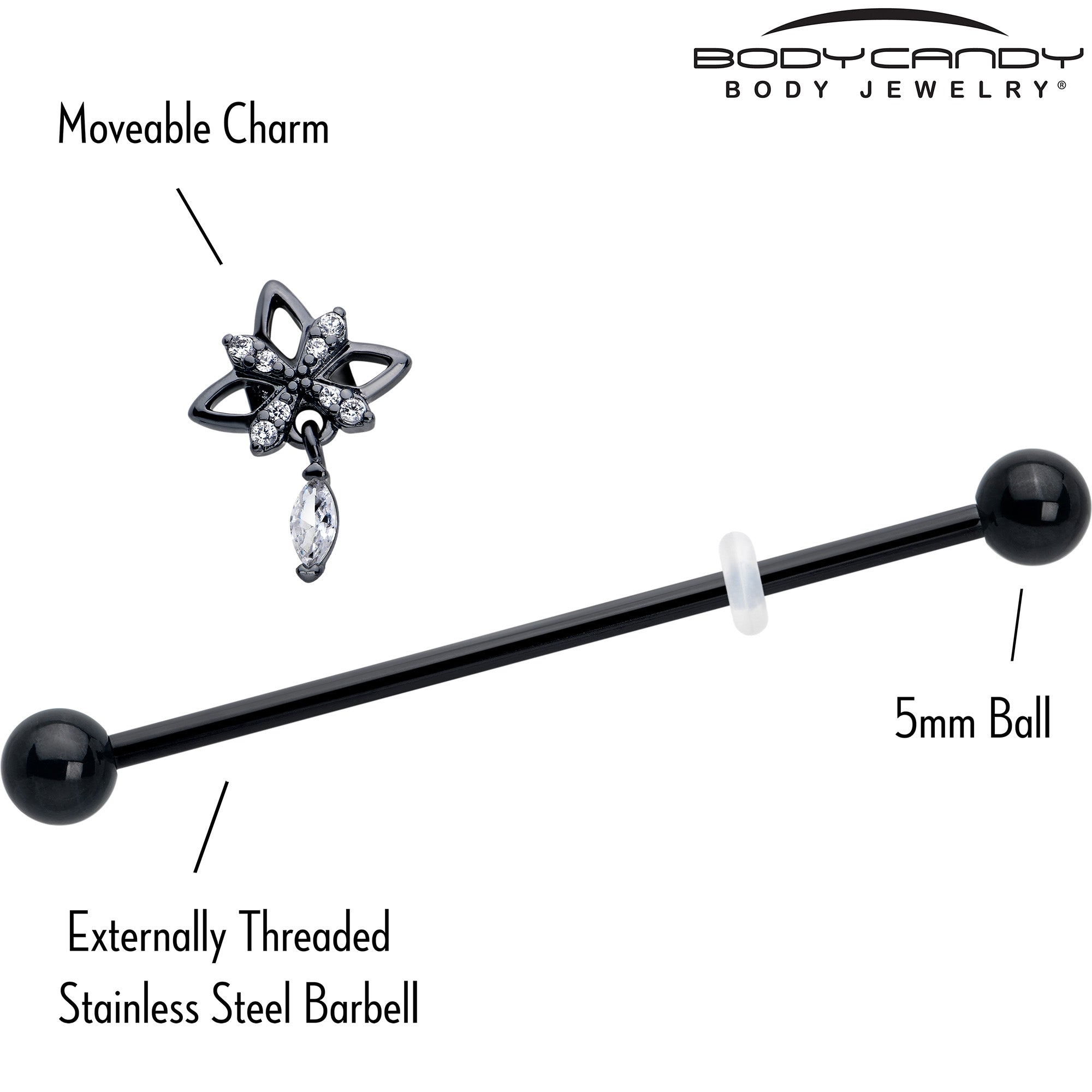 Clear CZ Gem 14 Gauge Industrial Barbell with Black Star Design