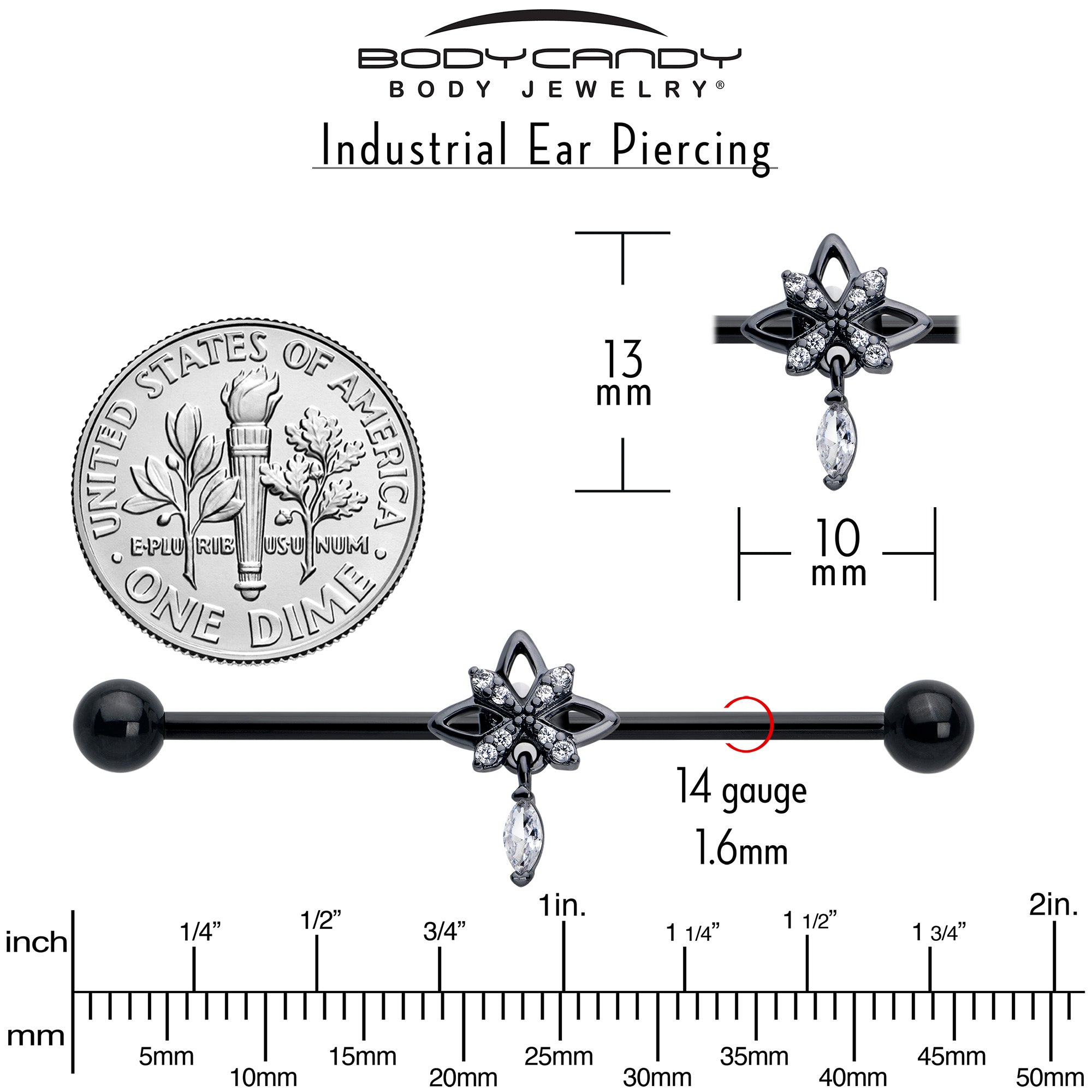 38mm Gothic Star Dangle Barbell with Clear CZ Gem