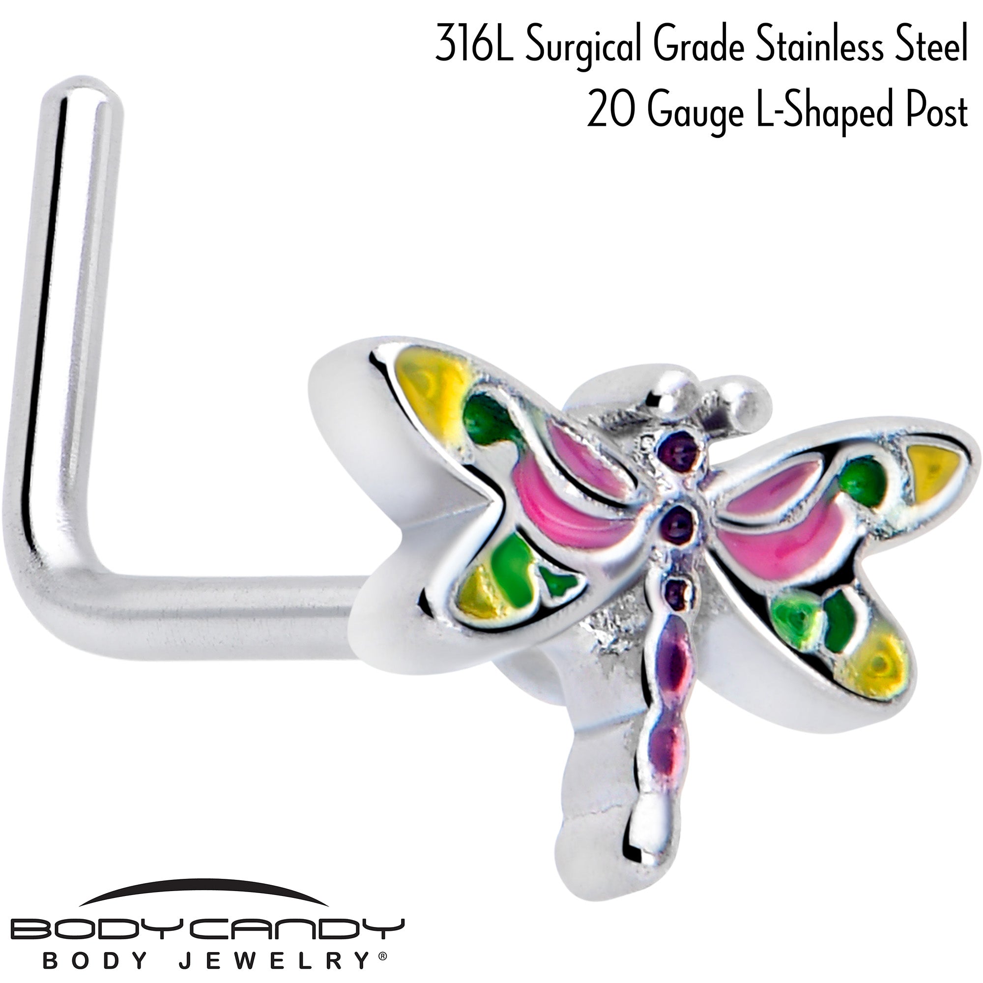 20 Gauge 7mm Dragonfly L Shape Nose Ring in Multicolor