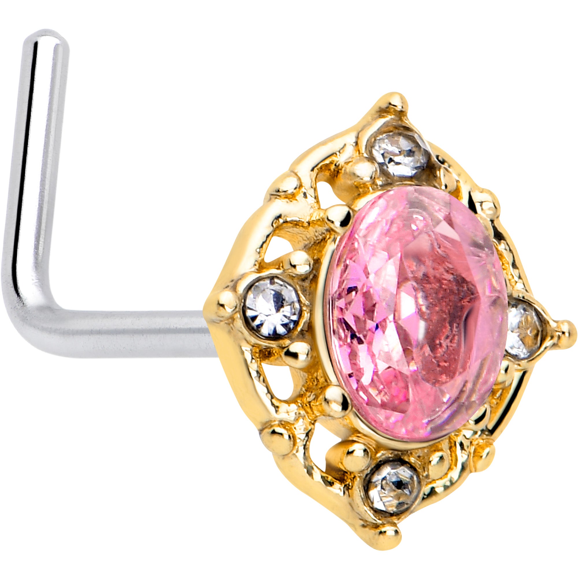 20 Gauge 7mm Pink Tourmaline Golden Wondrous Glamour L Shape Nose Ring