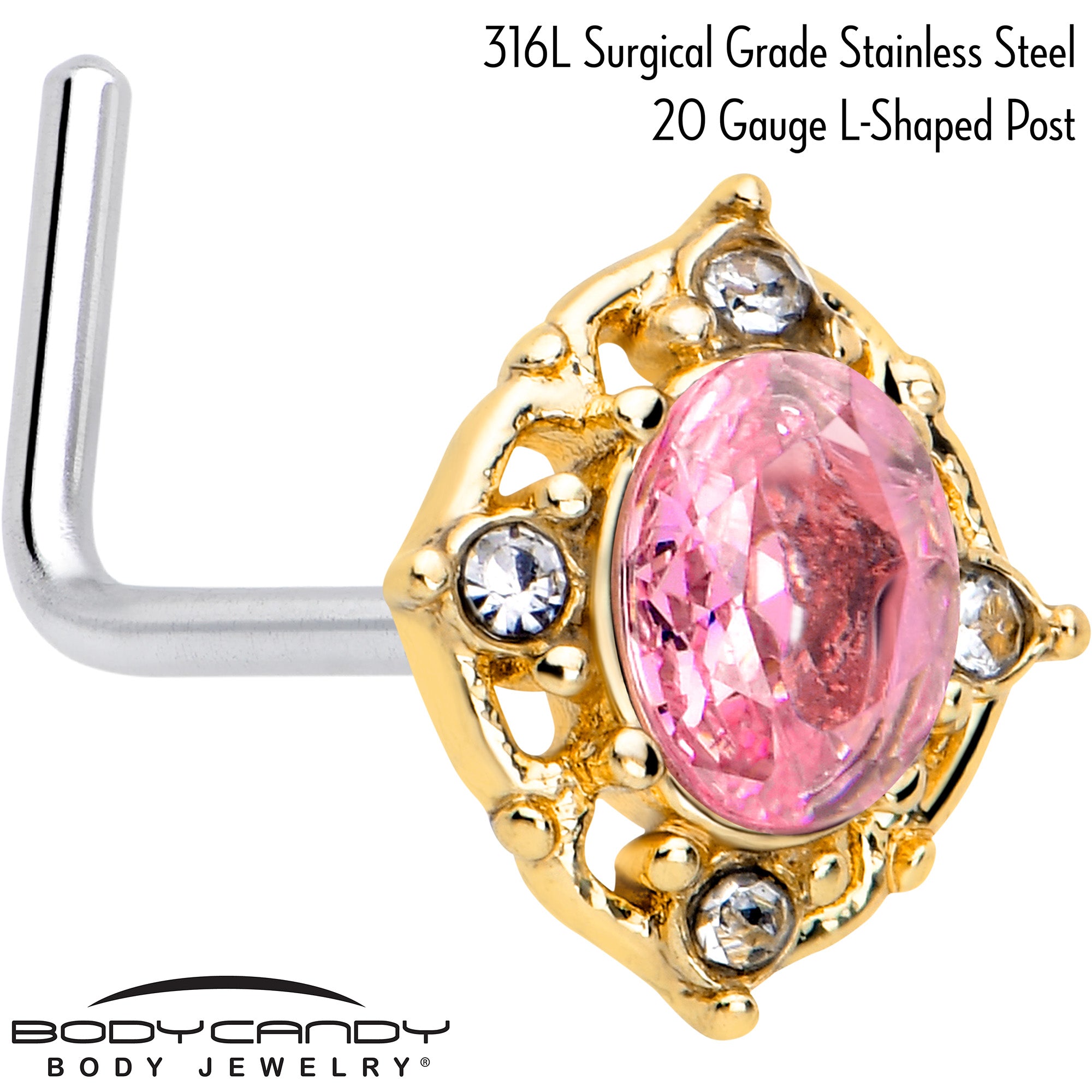 20 gauge pink tourmaline golden nose ring L shape