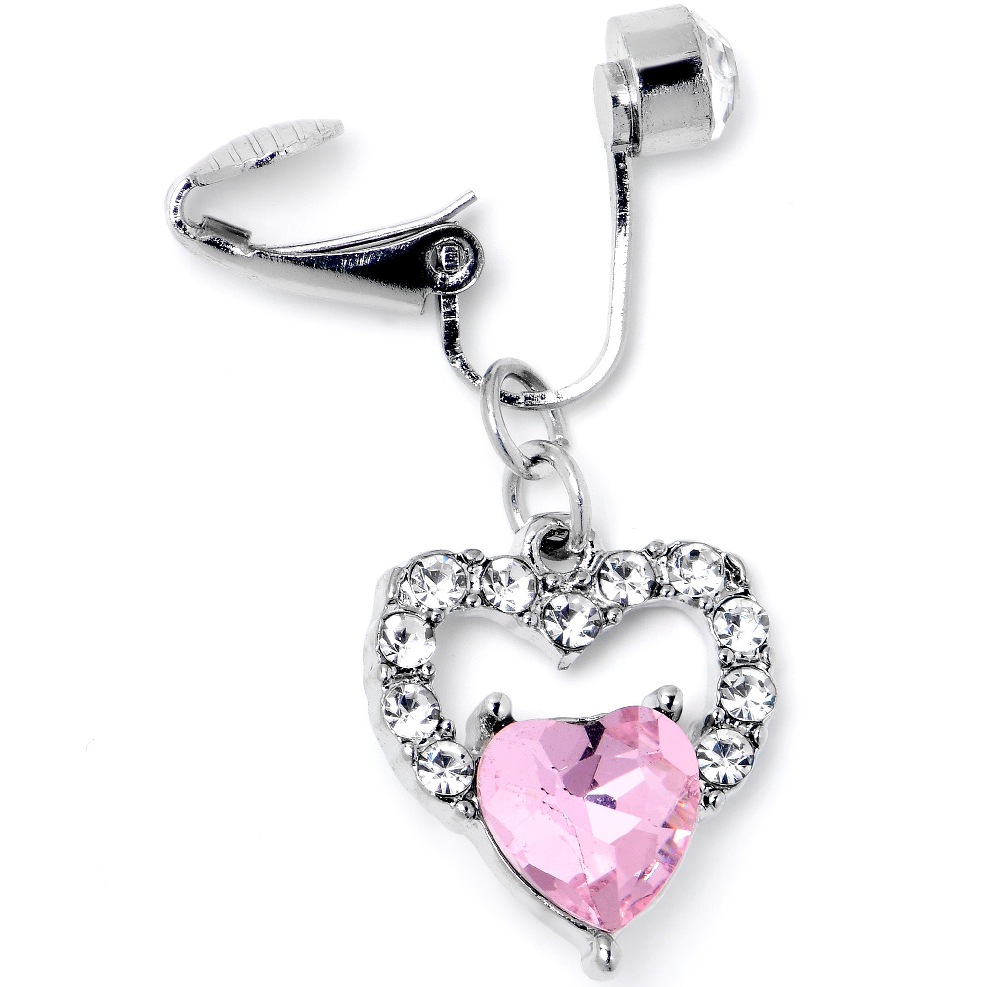 Clear Pink CZ Gem Double Heart Fake Clip On Belly Ring