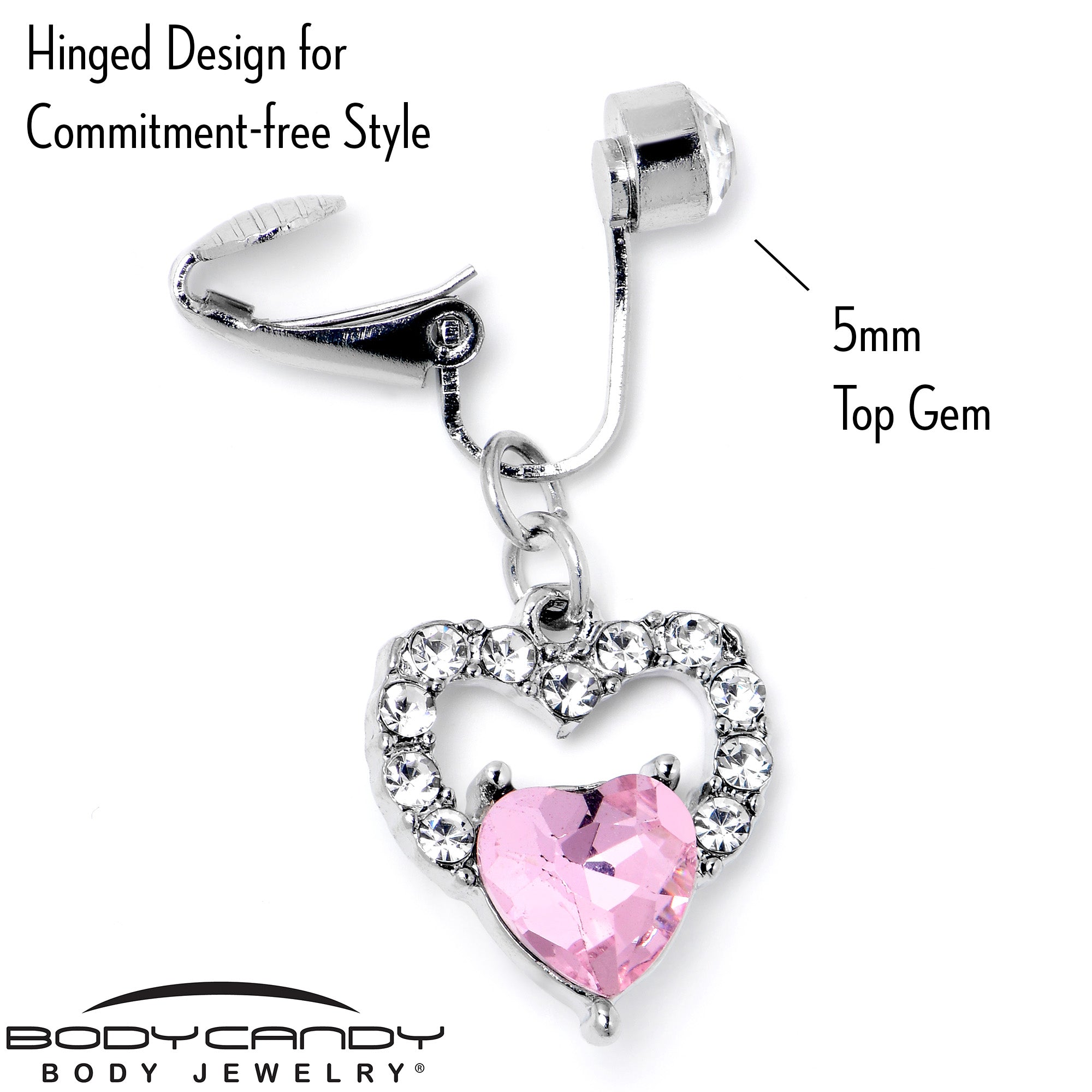 Clear Pink CZ Gem Double Heart Fake Clip On Belly Ring