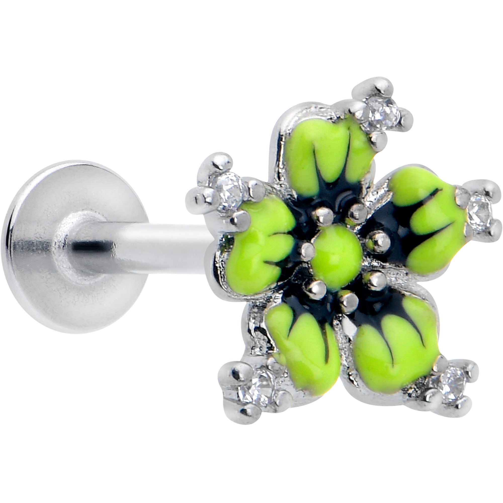 16 Gauge Clear CZ Gem Go Green Flower Flat Back Earring