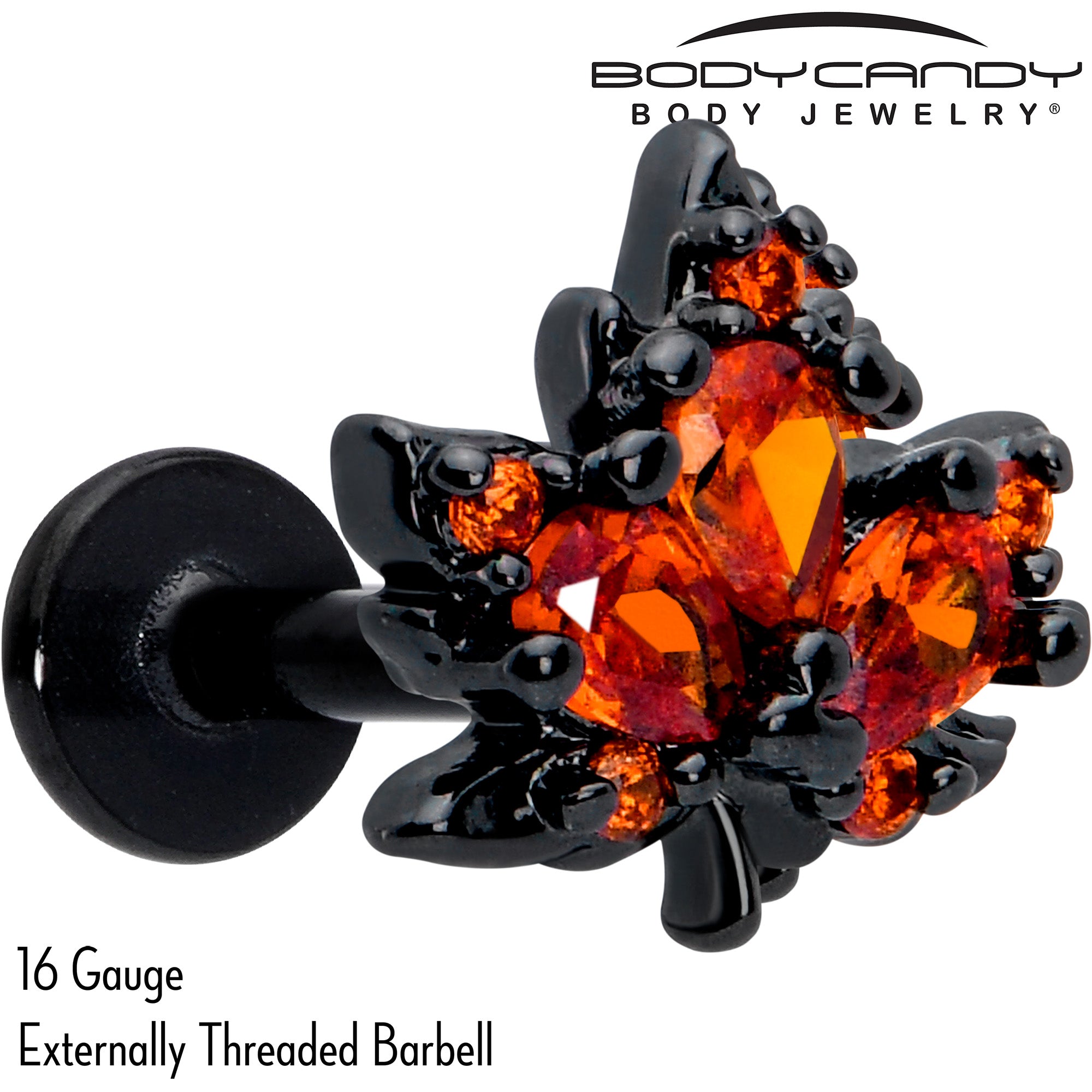 Black Autumn Leaf Flatback Earring with Orange CZ Gem, 16 Gauge