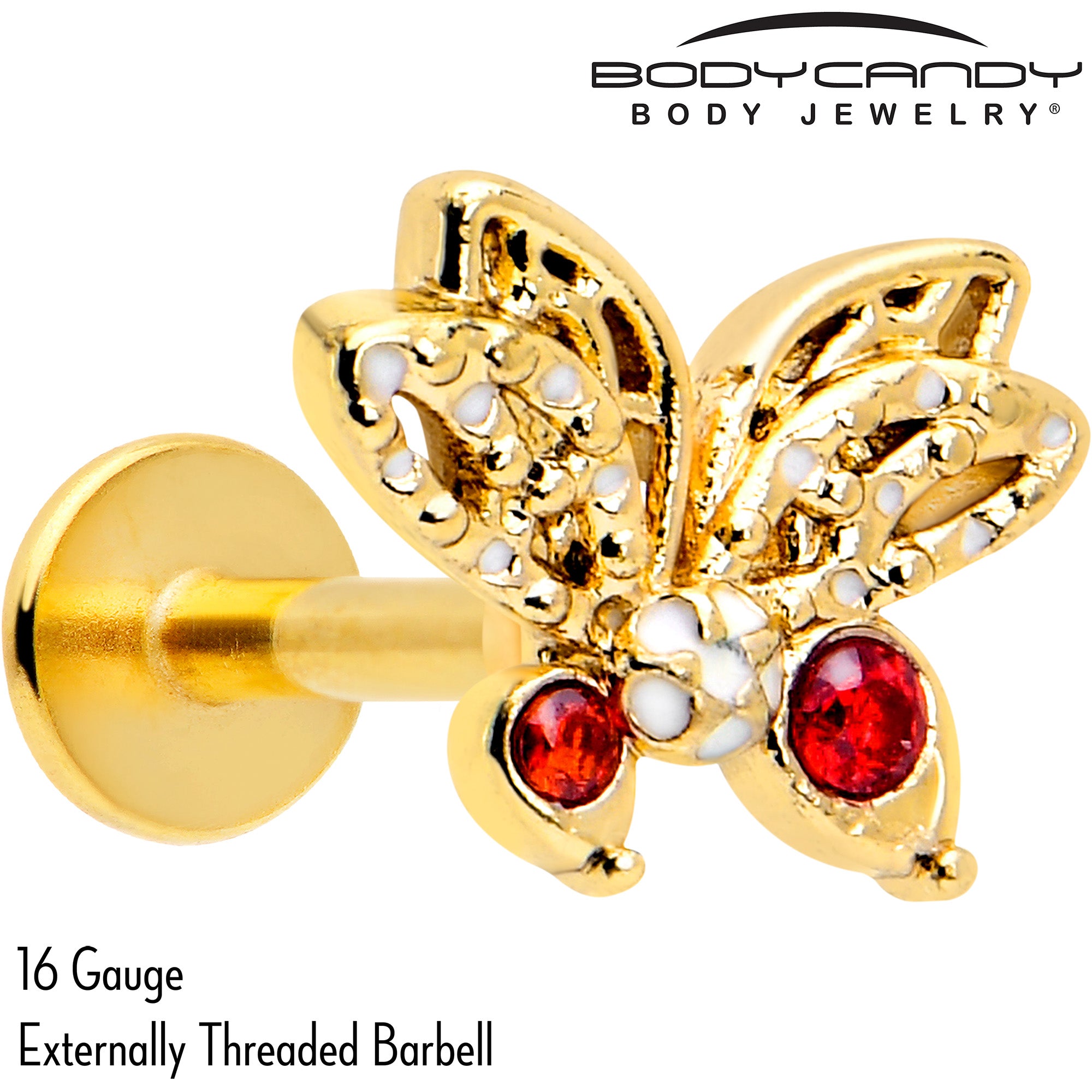 Gold Tone Drama Butterfly Earring with Red CZ Gem