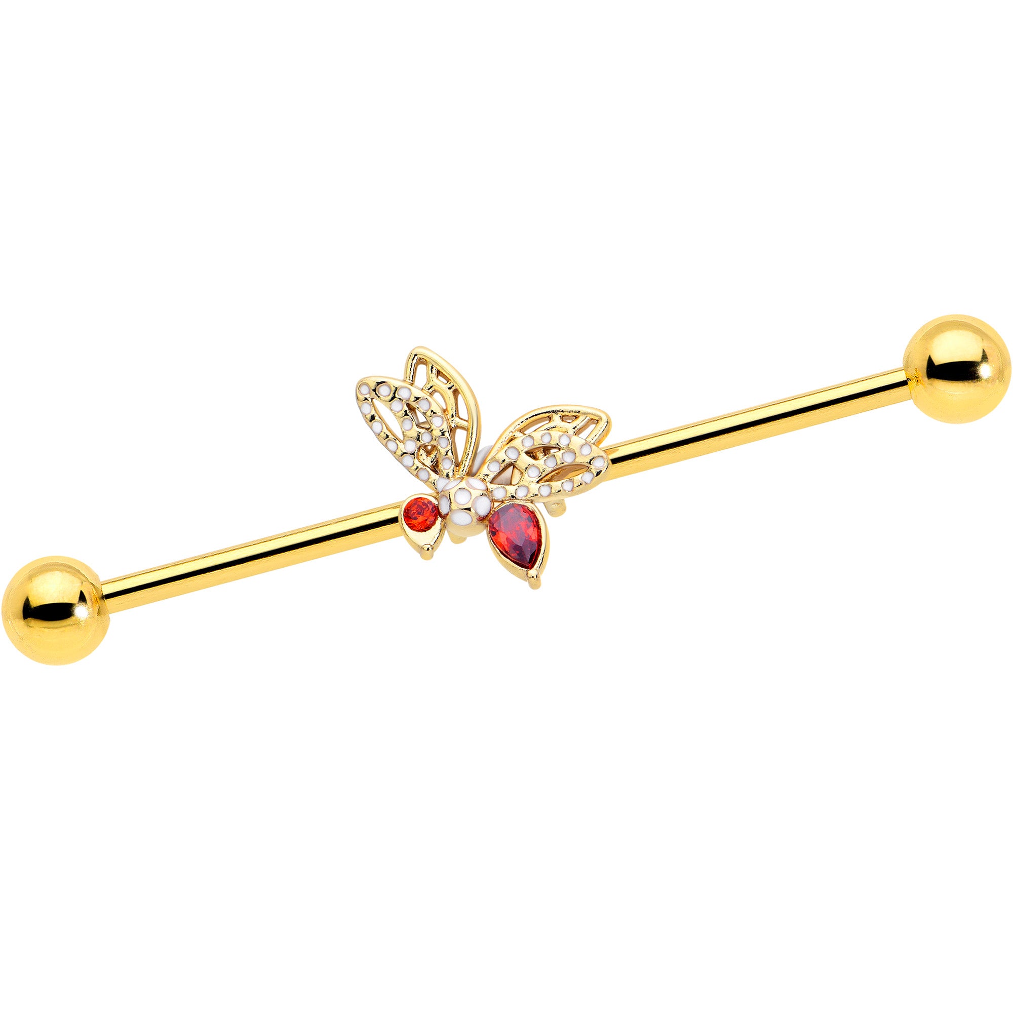 14 Gauge Red CZ Gem Gold Tone Drama Butterfly Industrial Barbell 38mm