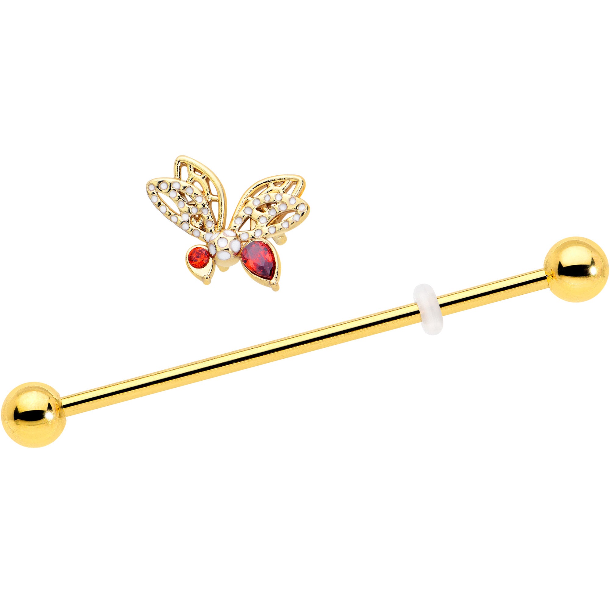 14 Gauge Red CZ Gem Gold Tone Butterfly Industrial Barbell