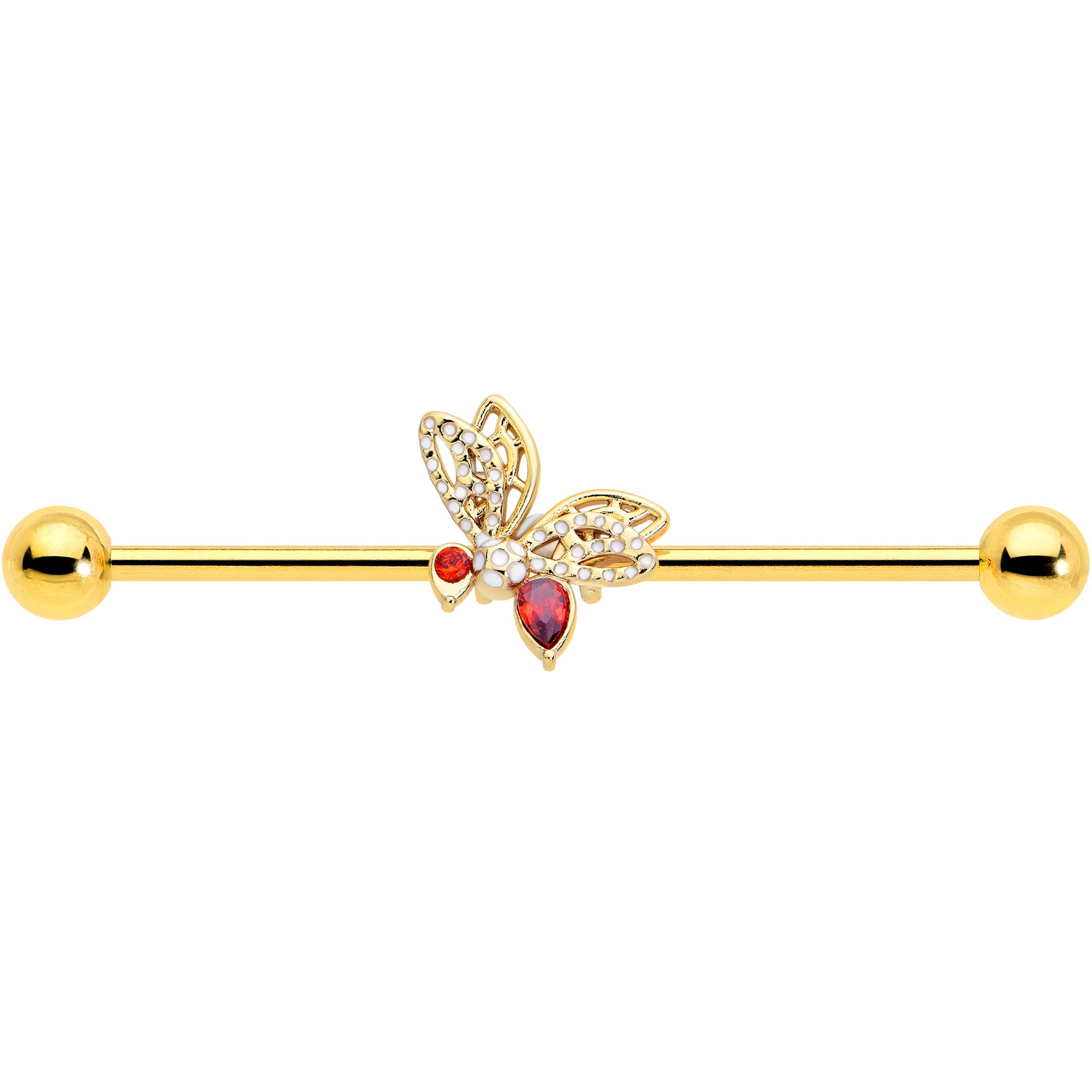 38mm Gold Tone Drama Butterfly Industrial Barbell with Red CZ Gem