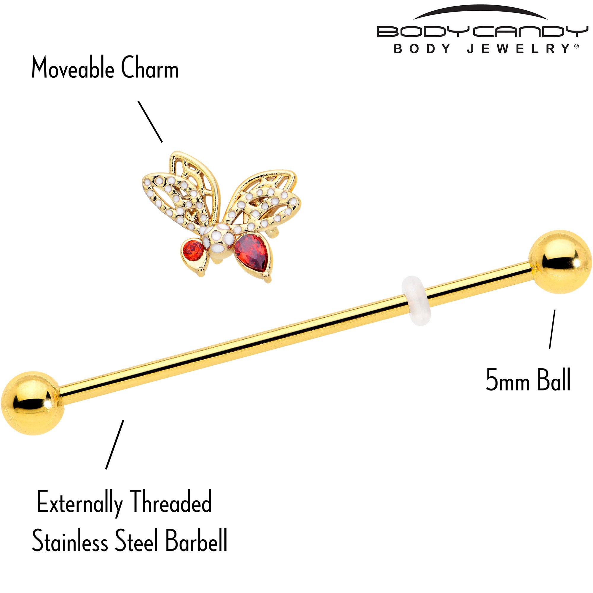 Red CZ Gem 14 Gauge Butterfly Industrial Barbell Gold Tone