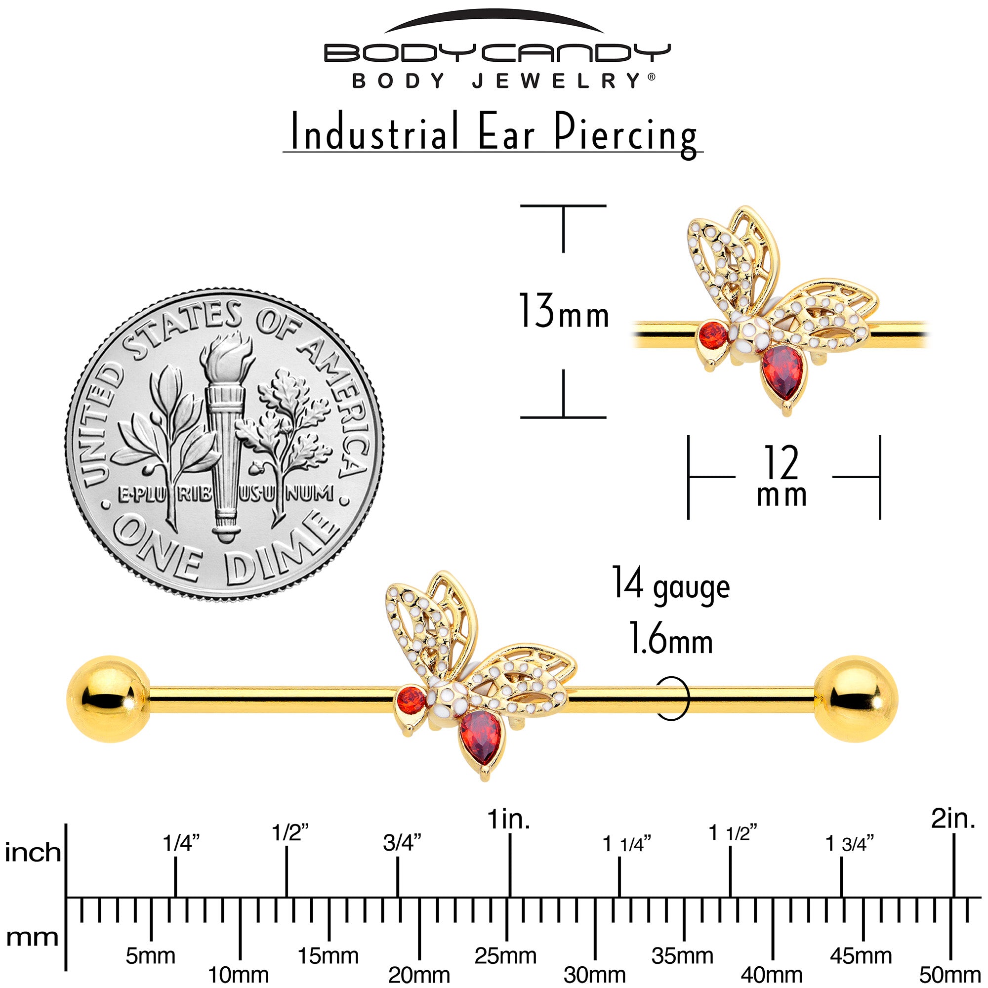 Gold Tone Industrial Barbell with Red CZ Gem and Butterfly Design