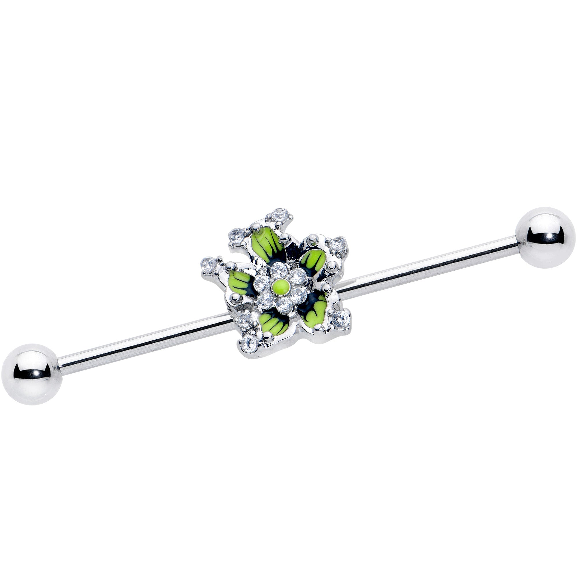 14 Gauge Clear CZ Gem Go Green Flower Industrial Barbell 38mm