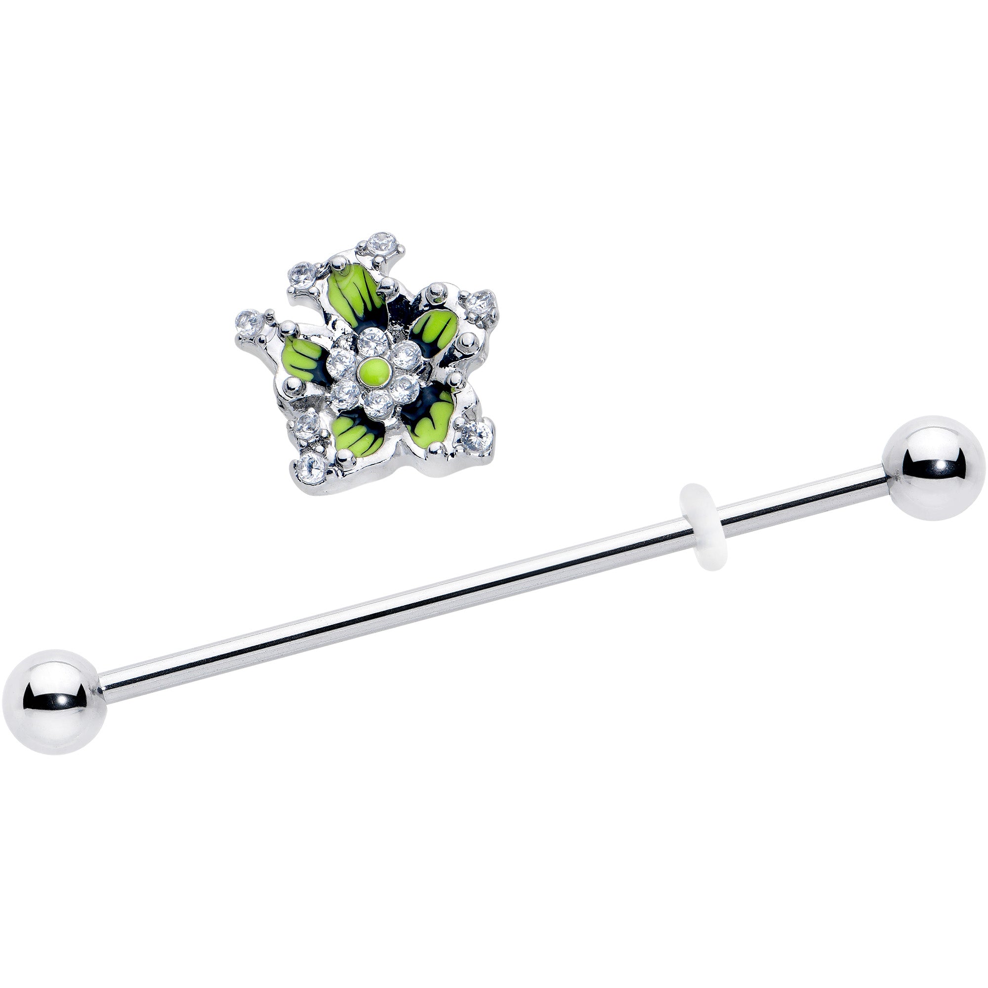 14 gauge clear CZ gem flower industrial barbell in green