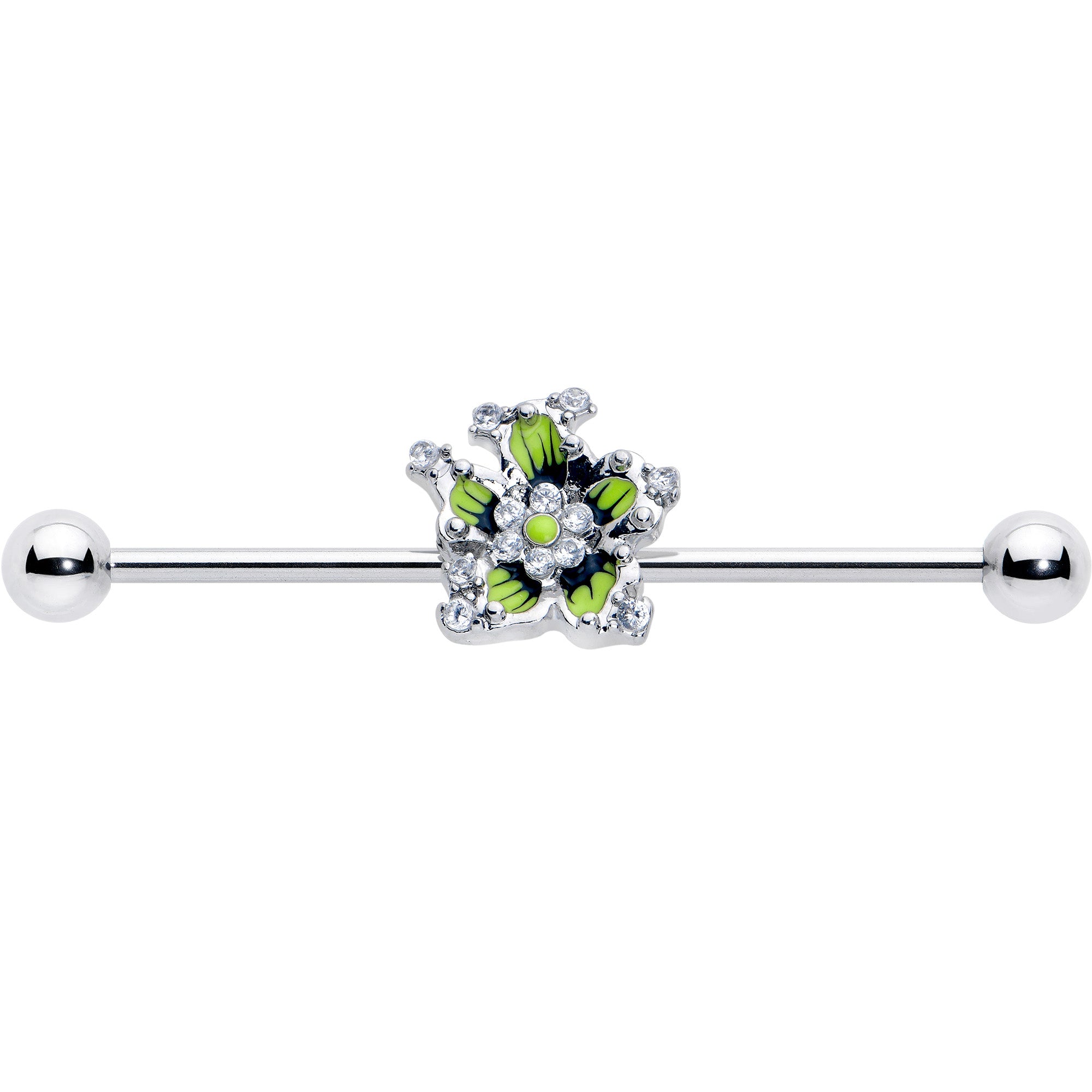 38mm clear CZ gem green flower industrial barbell jewelry