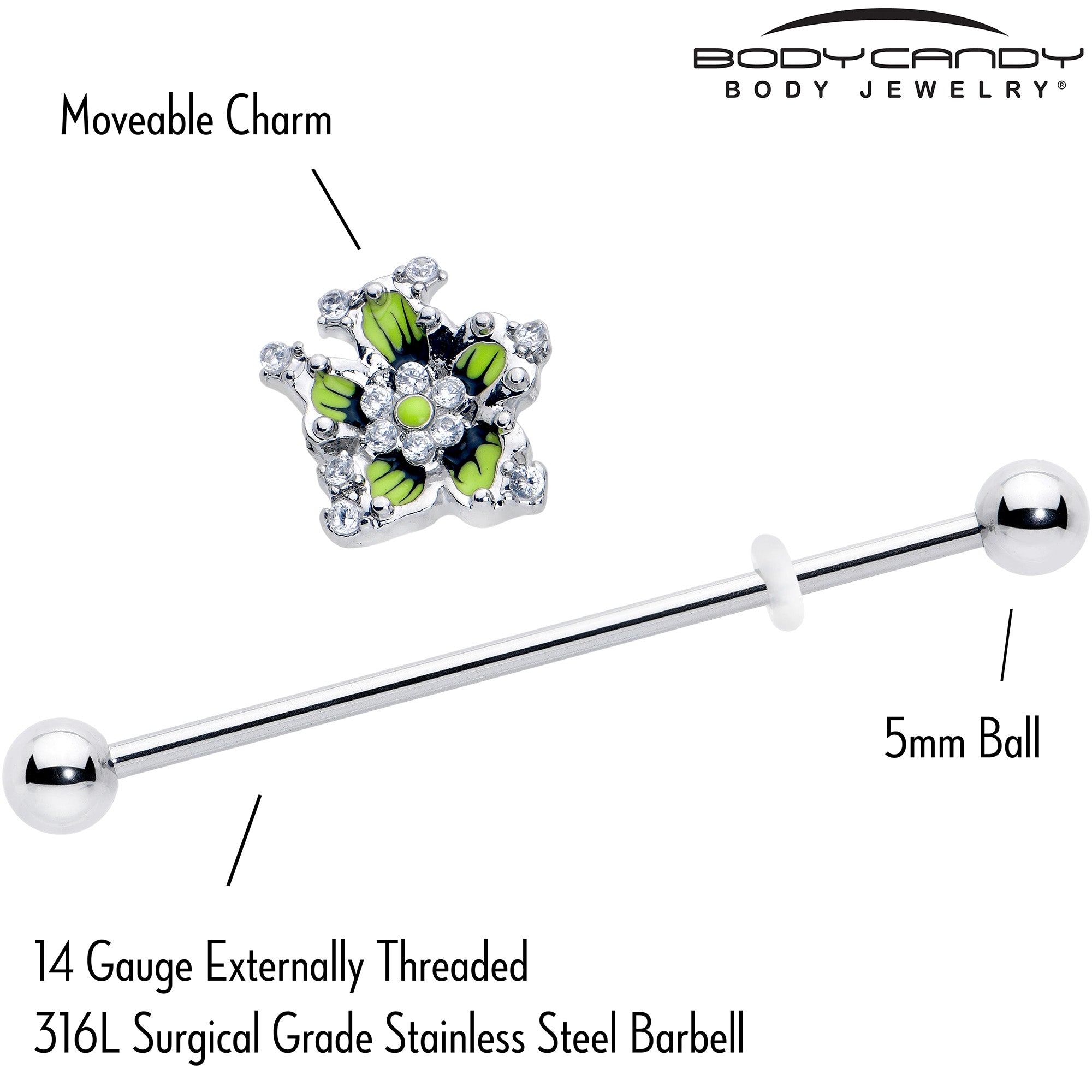 Green flower industrial barbell with clear CZ gems, 14 gauge