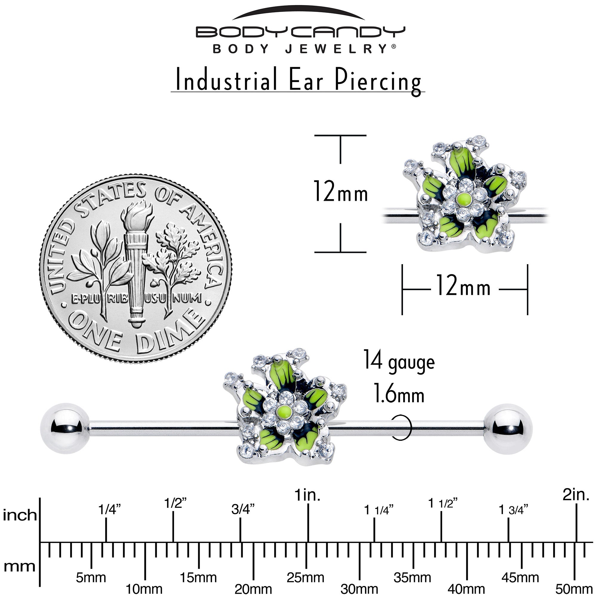 Clear CZ gem green flower design industrial barbell, 38mm